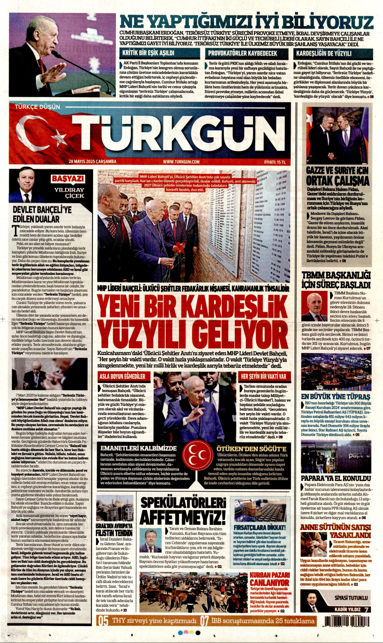 TÜRKGÜN gazetesinin 28 Mayıs 2025 tarihli birinci sayfası