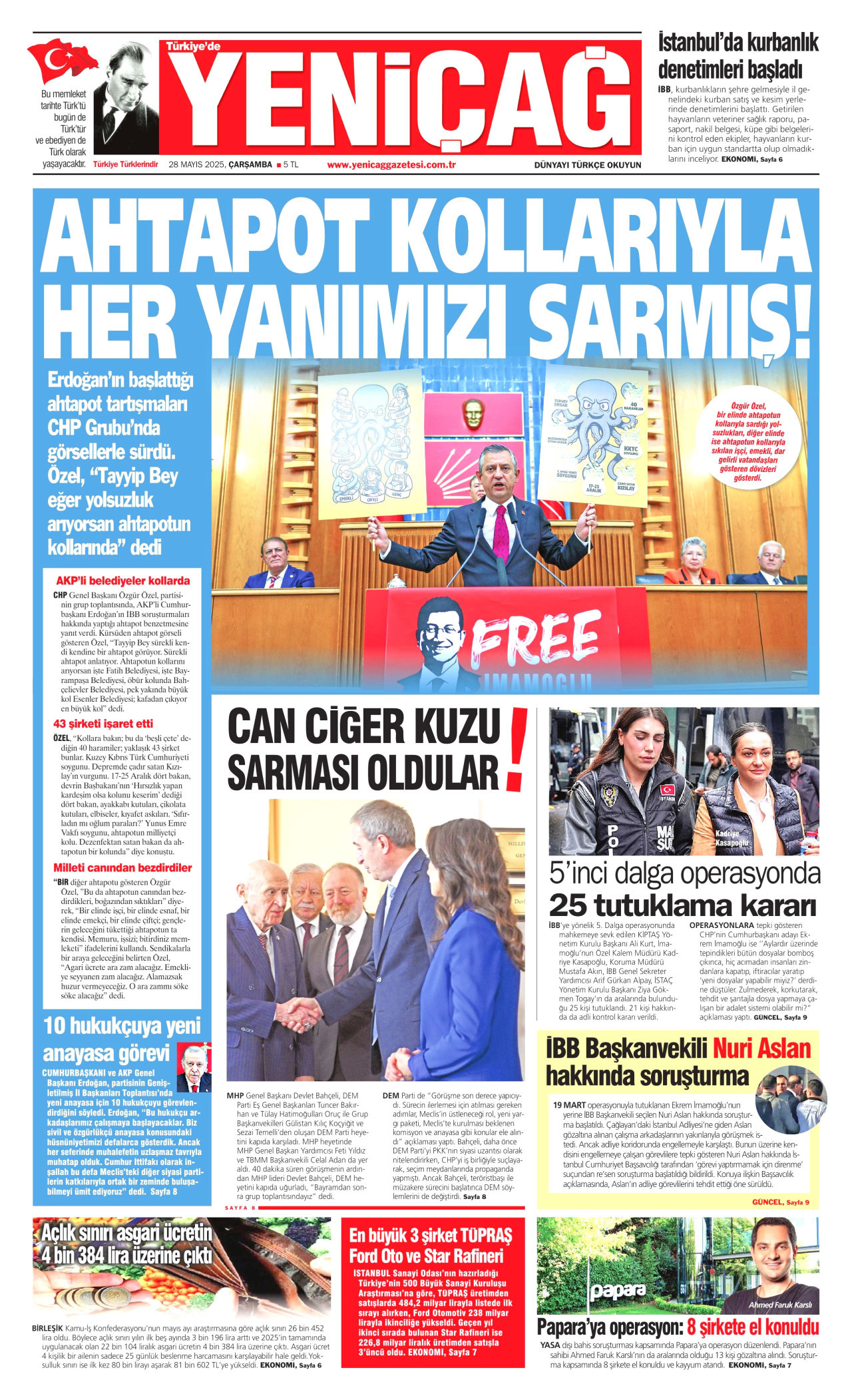YENİÇAĞ gazetesinin 28 Mayıs 2025 tarihli birinci sayfası