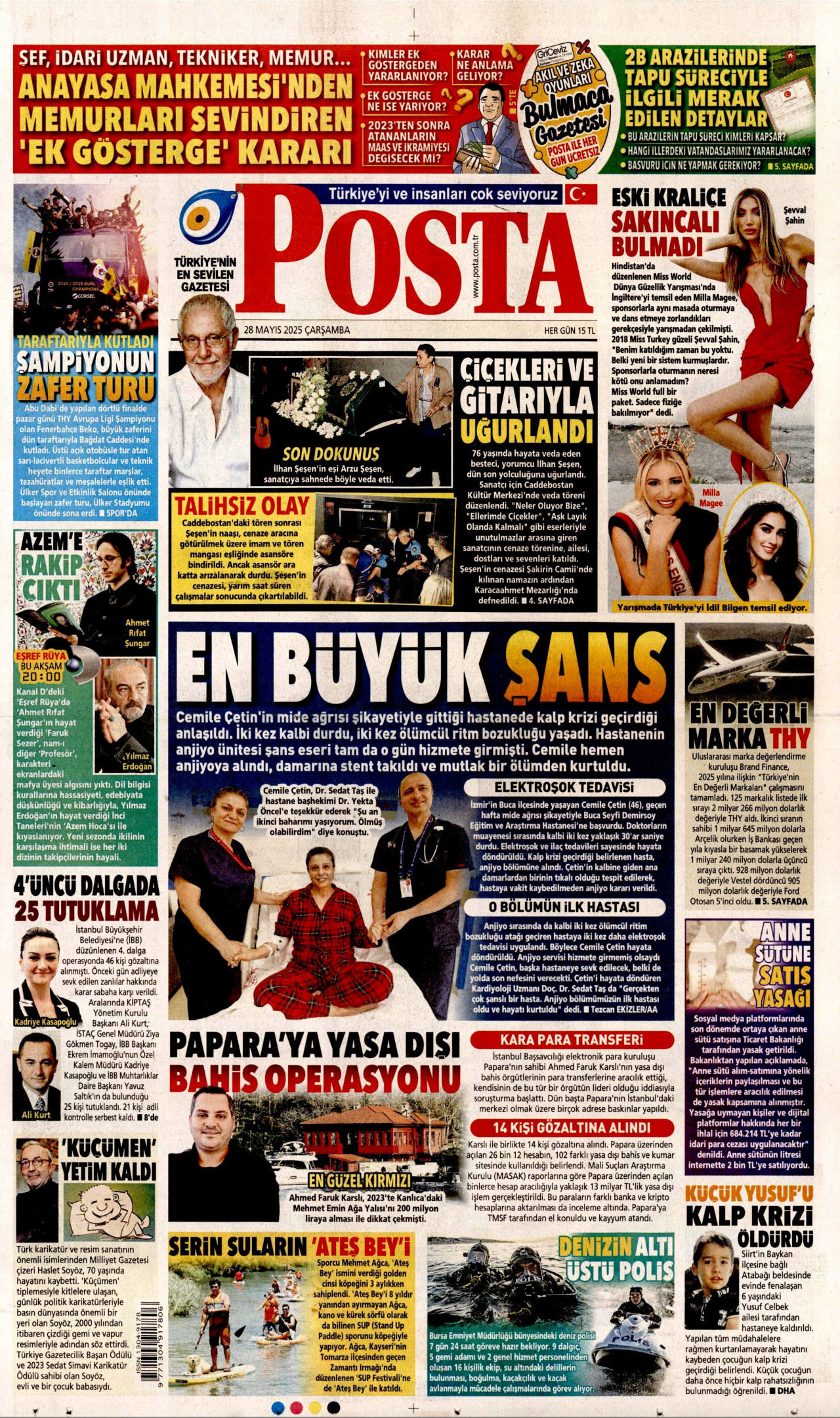 POSTA gazetesinin 28 Mayıs 2025 tarihli birinci sayfası