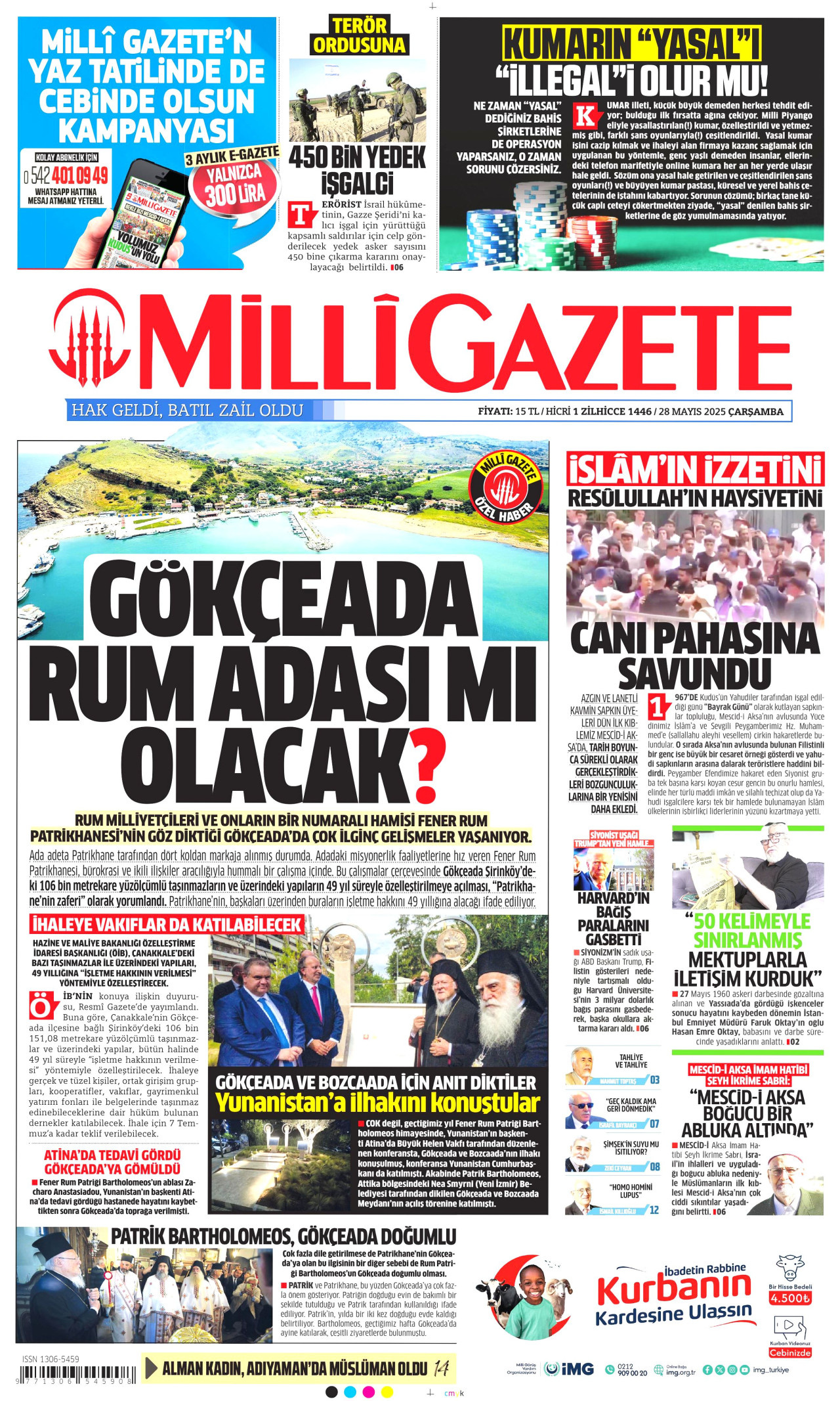 MİLLİ GAZETE gazetesinin 28 Mayıs 2025 tarihli birinci sayfası