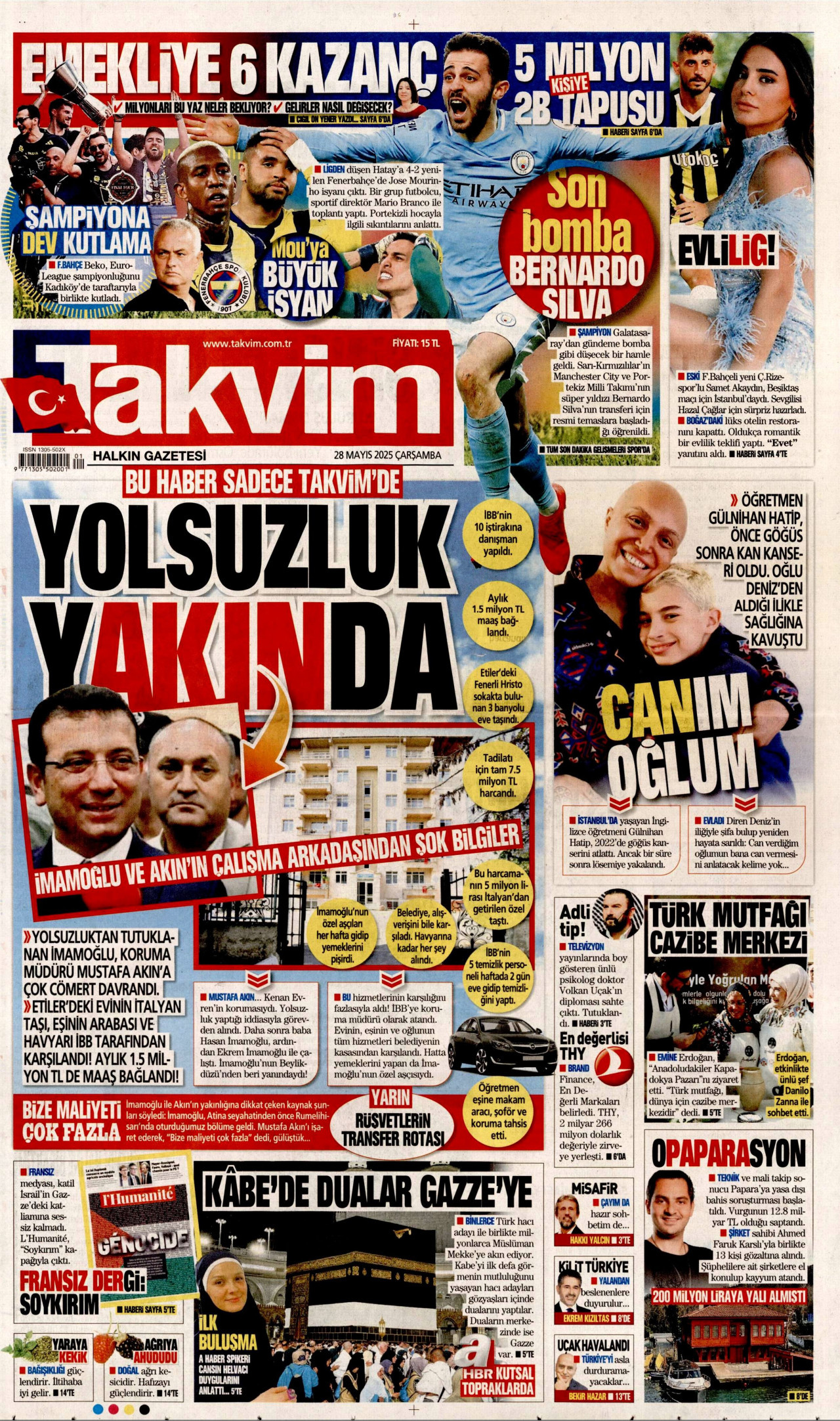 TAKVİM gazetesinin 28 Mayıs 2025 tarihli birinci sayfası