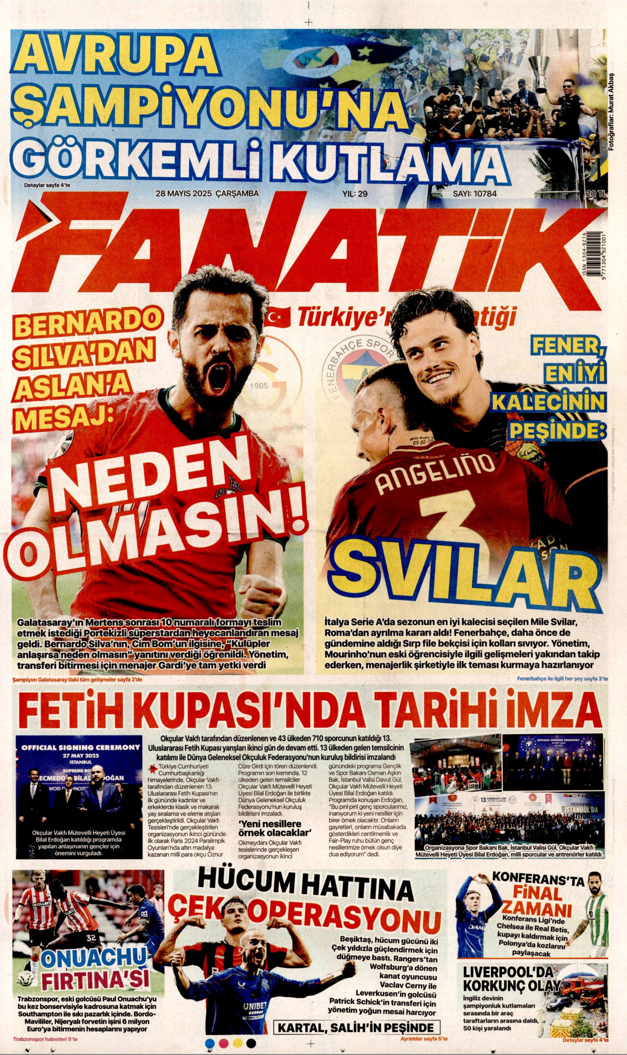 FANATİK gazetesinin 28 Mayıs 2025 tarihli birinci sayfası