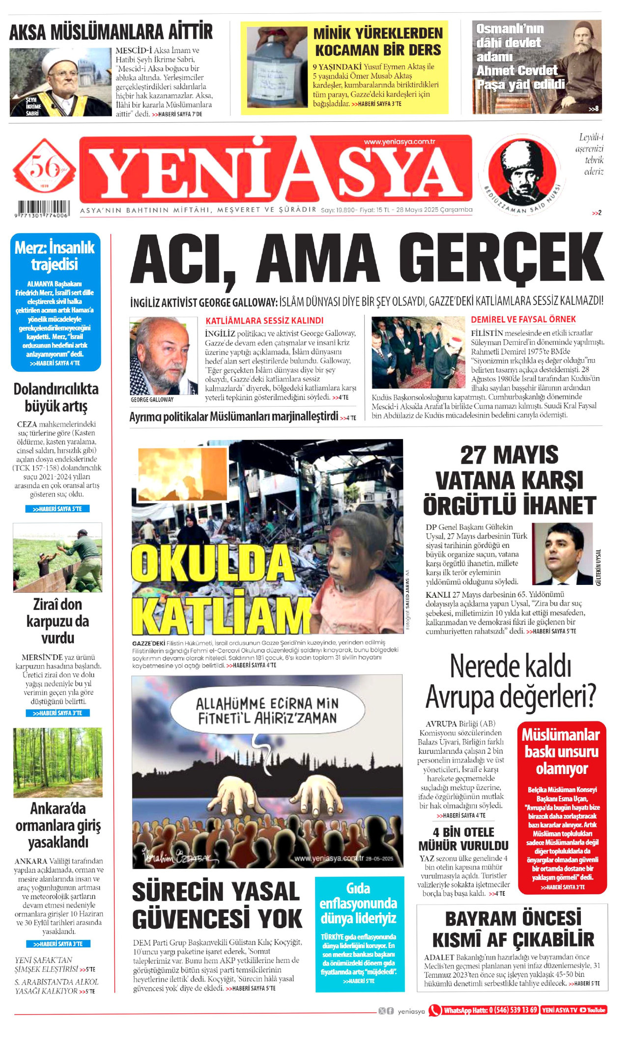 YENİ ASYA gazetesinin 28 Mayıs 2025 tarihli birinci sayfası