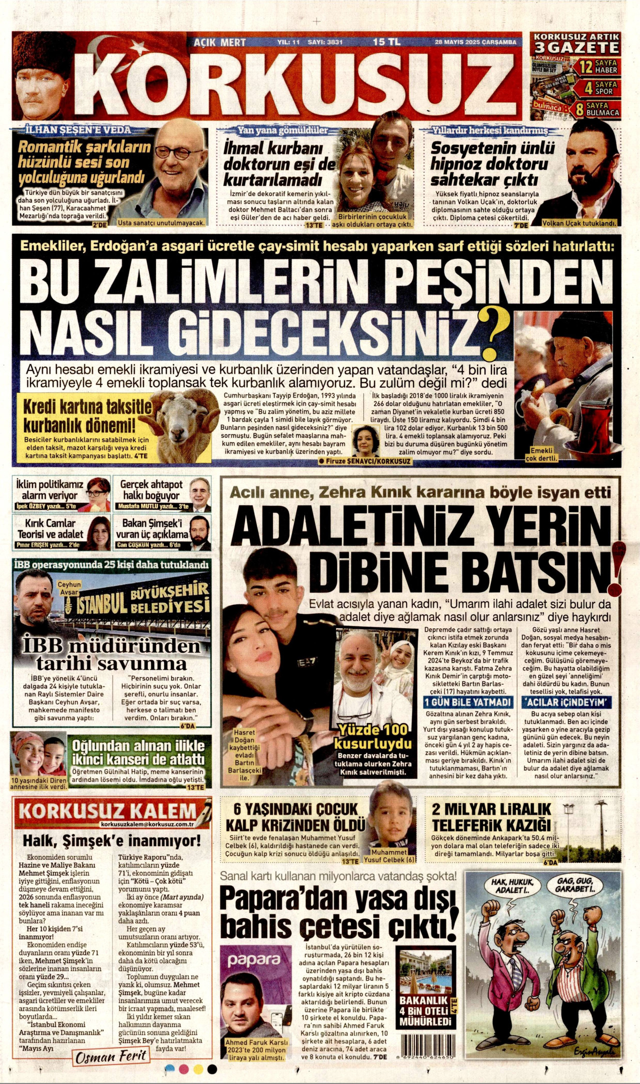 KORKUSUZ gazetesinin 28 Mayıs 2025 tarihli birinci sayfası