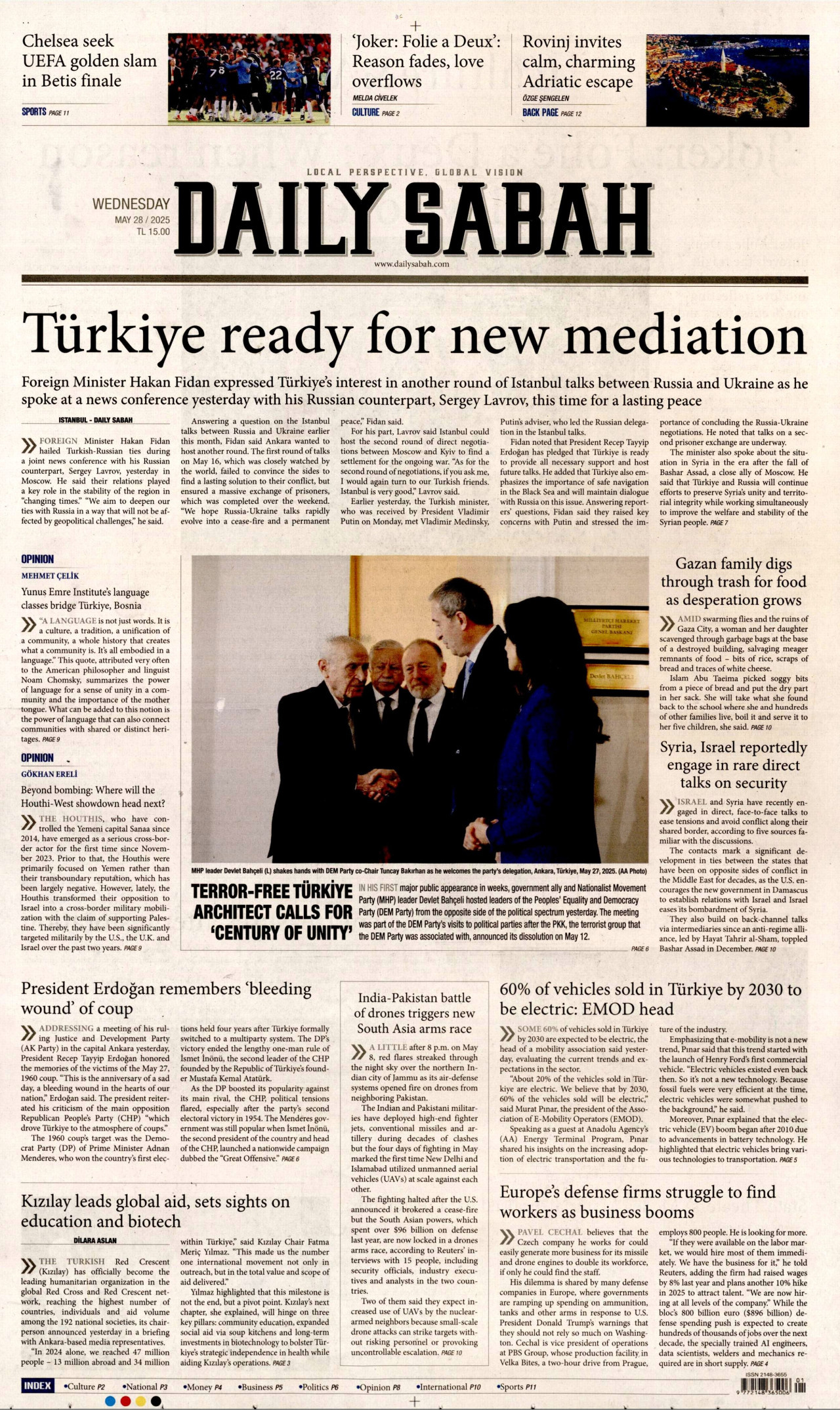 DAİLY SABAH gazetesinin 28 Mayıs 2025 tarihli birinci sayfası