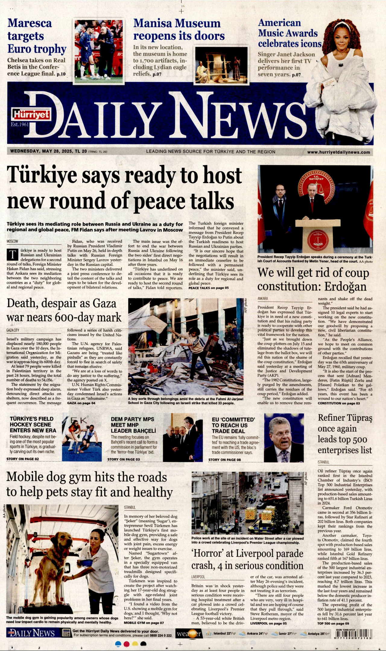 HÜRRİYET DAİLY NEWS gazetesinin 28 Mayıs 2025 tarihli birinci sayfası