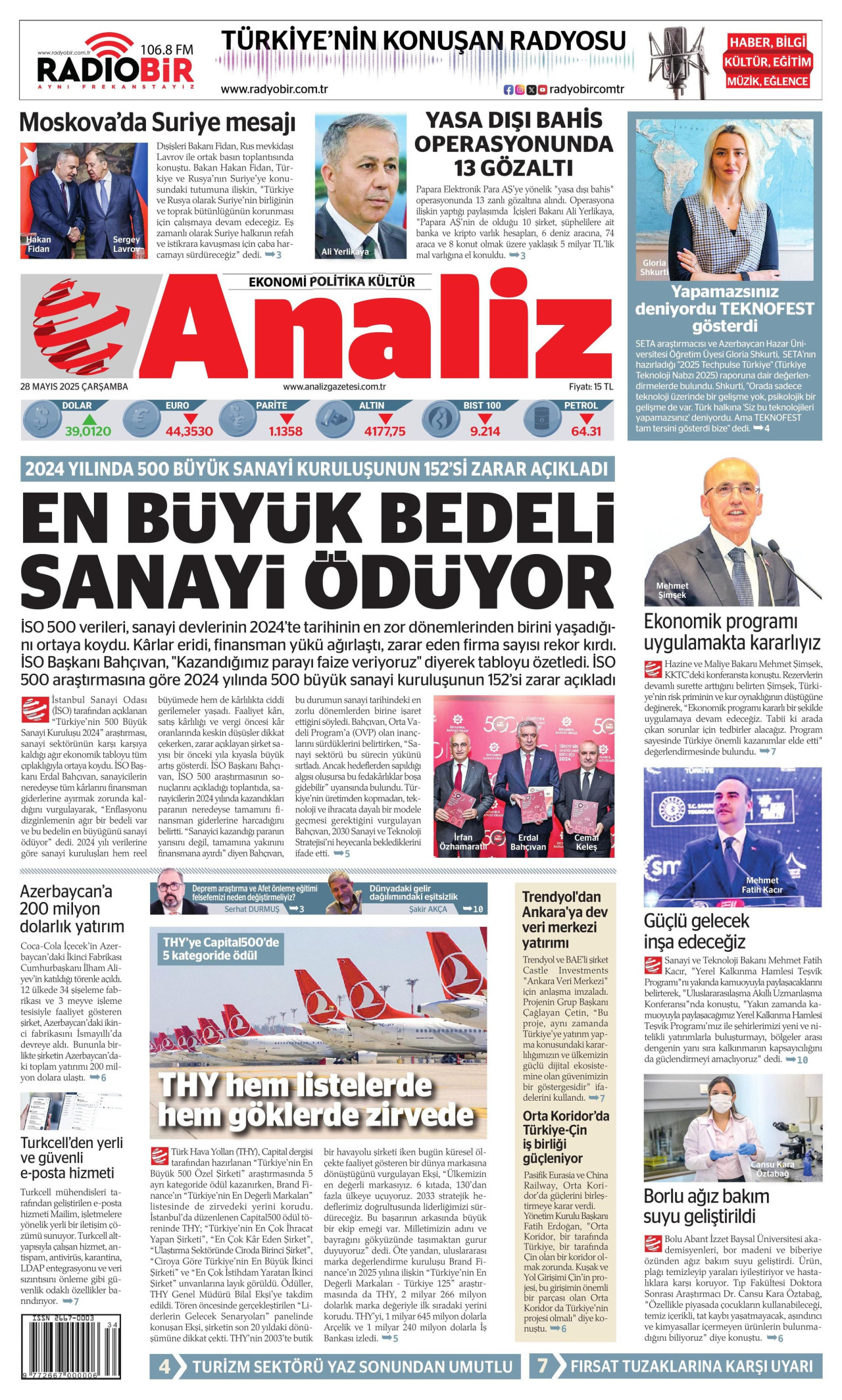 ANALİZ gazetesinin 28 Mayıs 2025 tarihli birinci sayfası