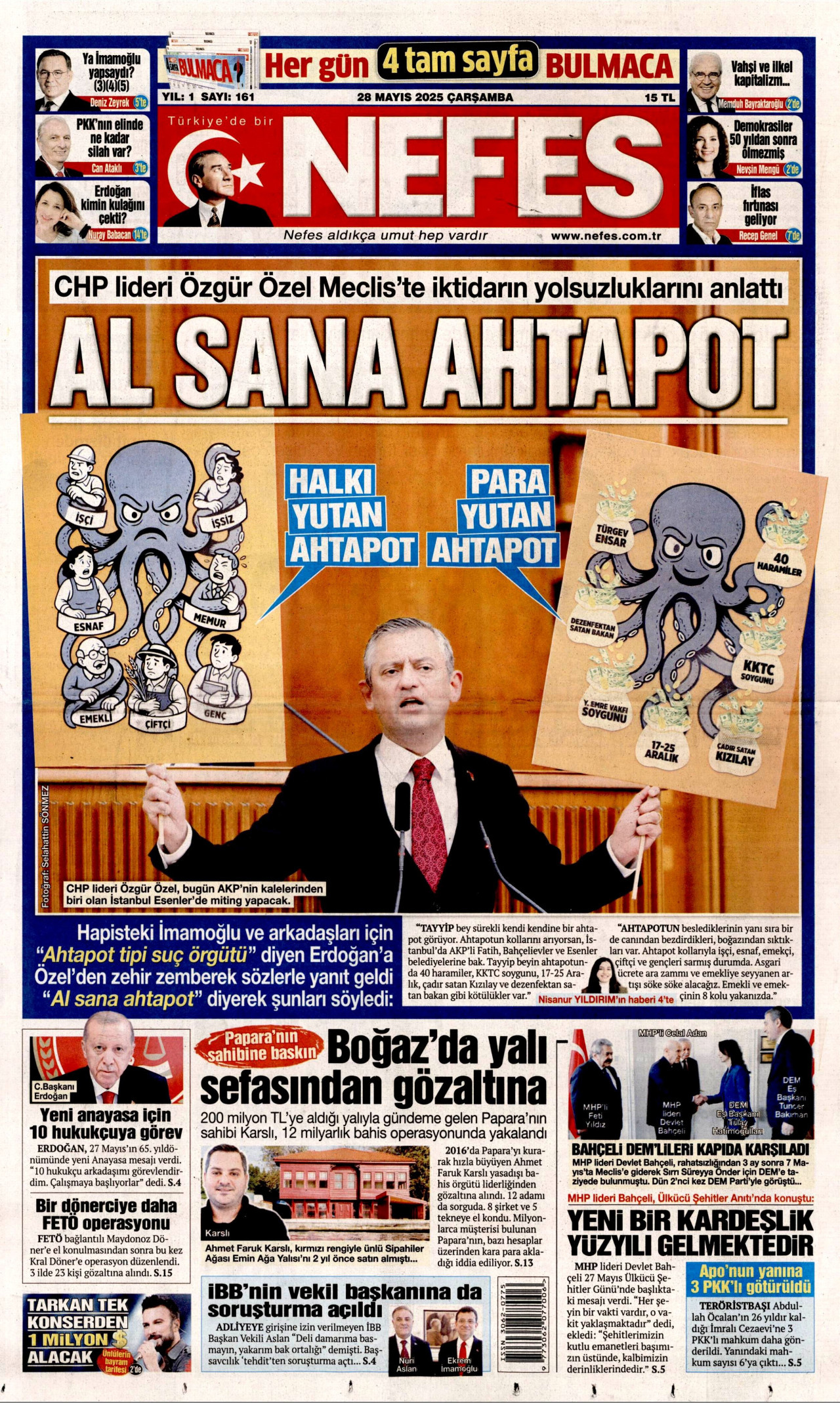 NEFES gazetesinin 28 Mayıs 2025 tarihli birinci sayfası