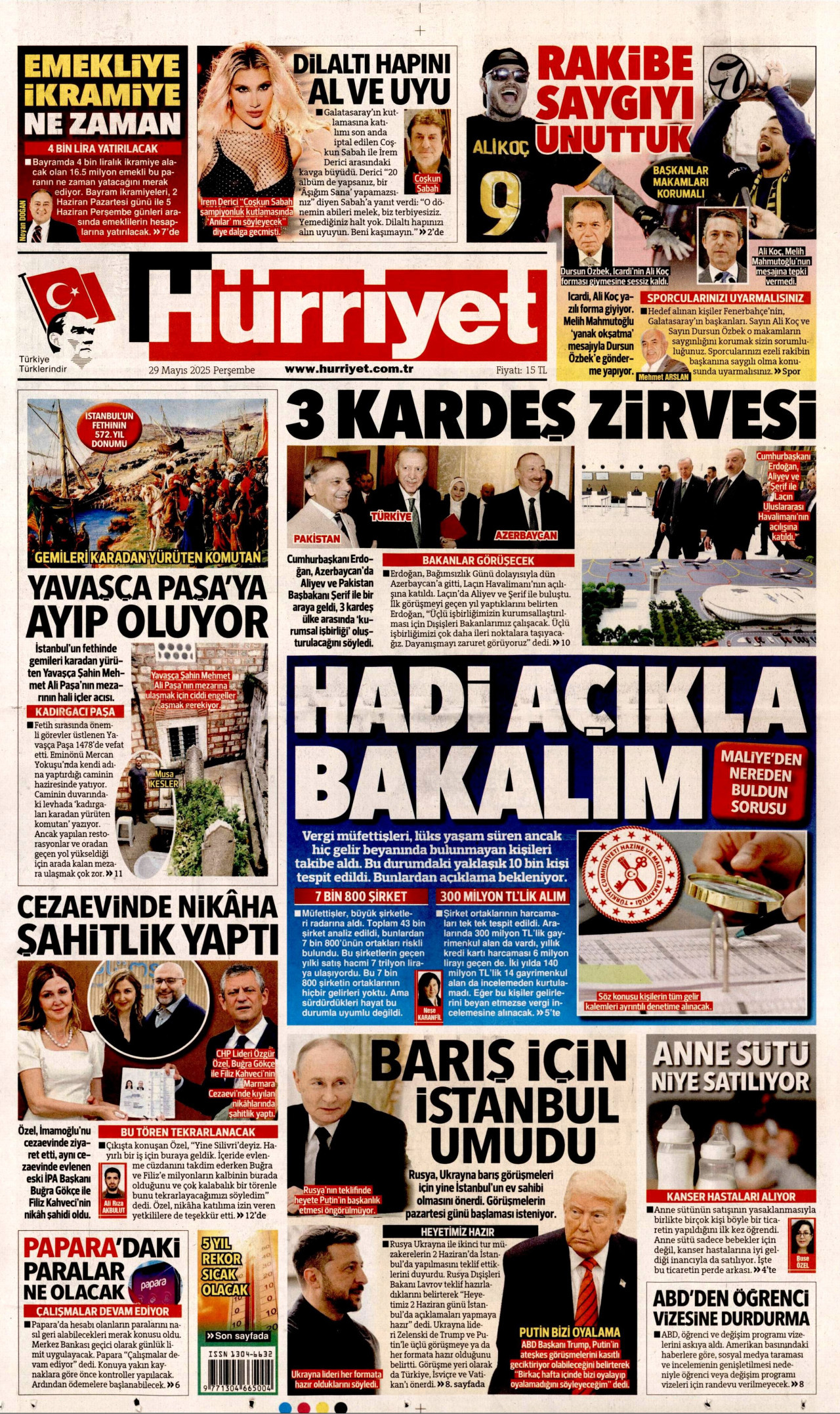 HÜRRİYET gazetesinin 29 Mayıs 2025 tarihli birinci sayfası