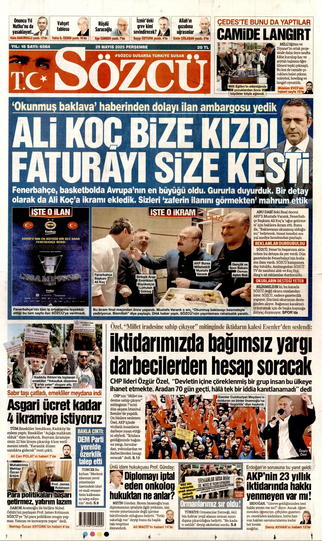 SÖZCÜ gazetesinin 29 Mayıs 2025 tarihli birinci sayfası