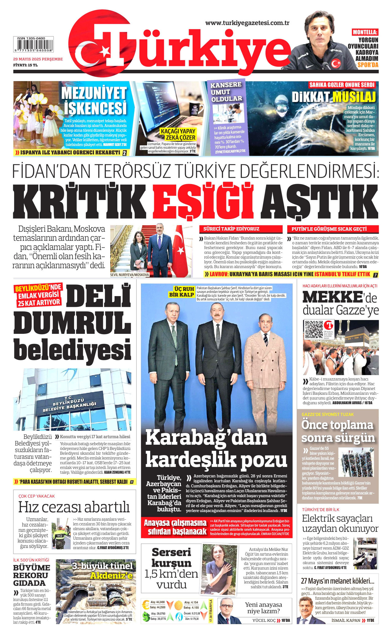 TÜRKİYE GAZETESİ gazetesinin 29 Mayıs 2025 tarihli birinci sayfası