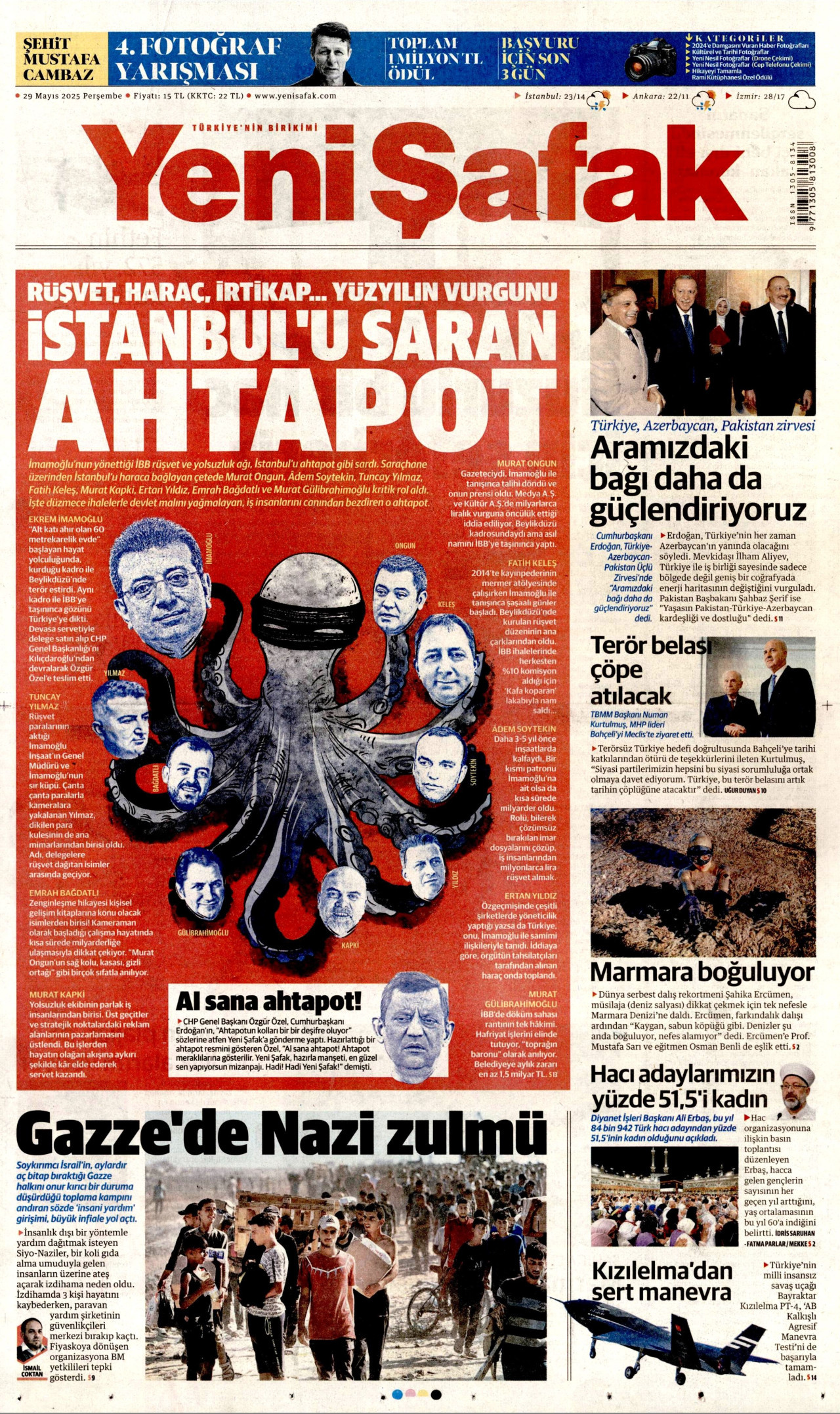 YENİ ŞAFAK gazetesinin 29 Mayıs 2025 tarihli birinci sayfası