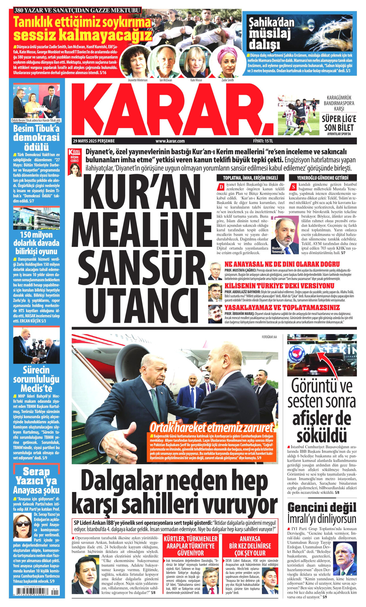 KARAR gazetesinin 29 Mayıs 2025 tarihli birinci sayfası