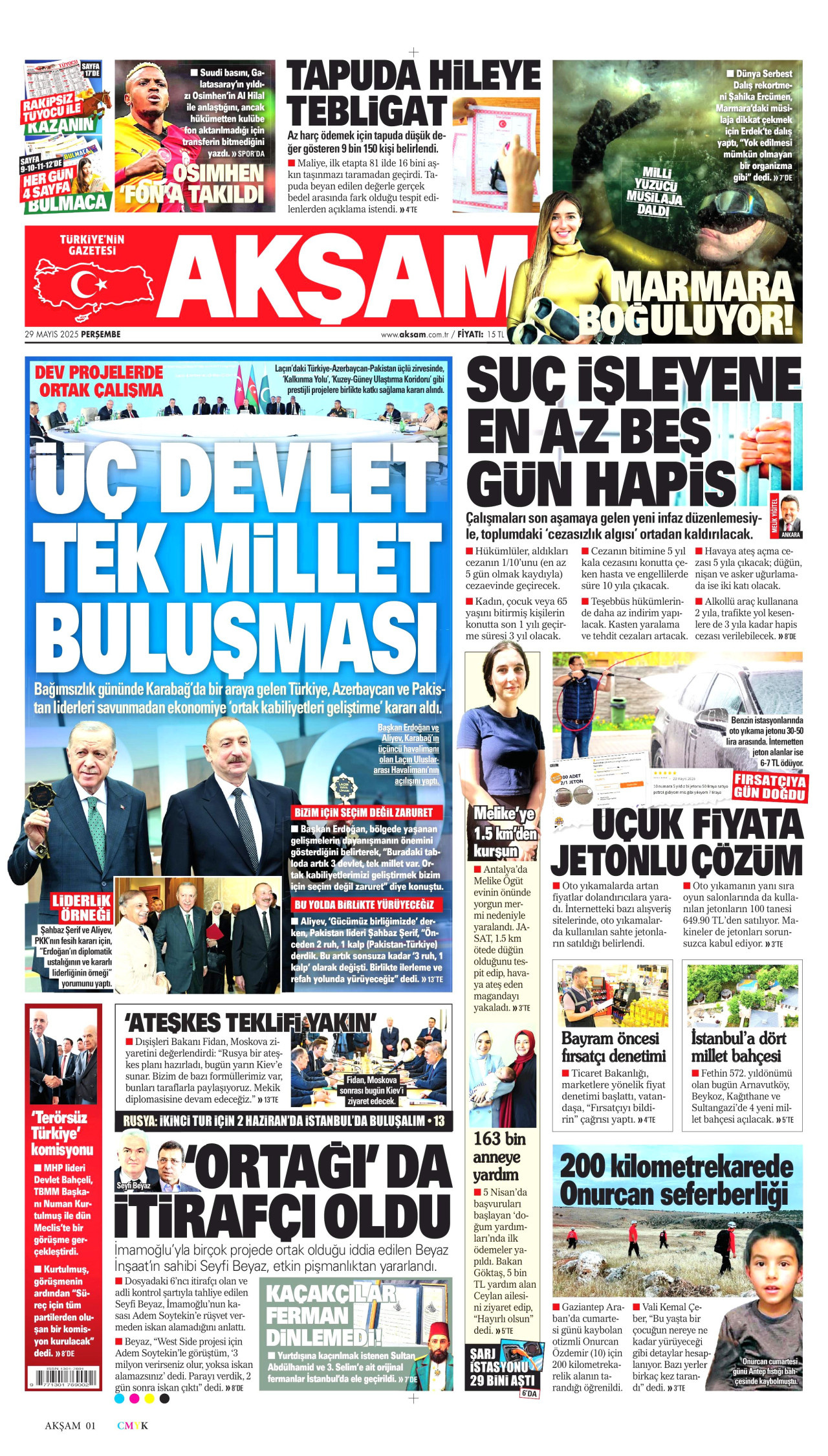 AKŞAM gazetesinin 29 Mayıs 2025 tarihli birinci sayfası