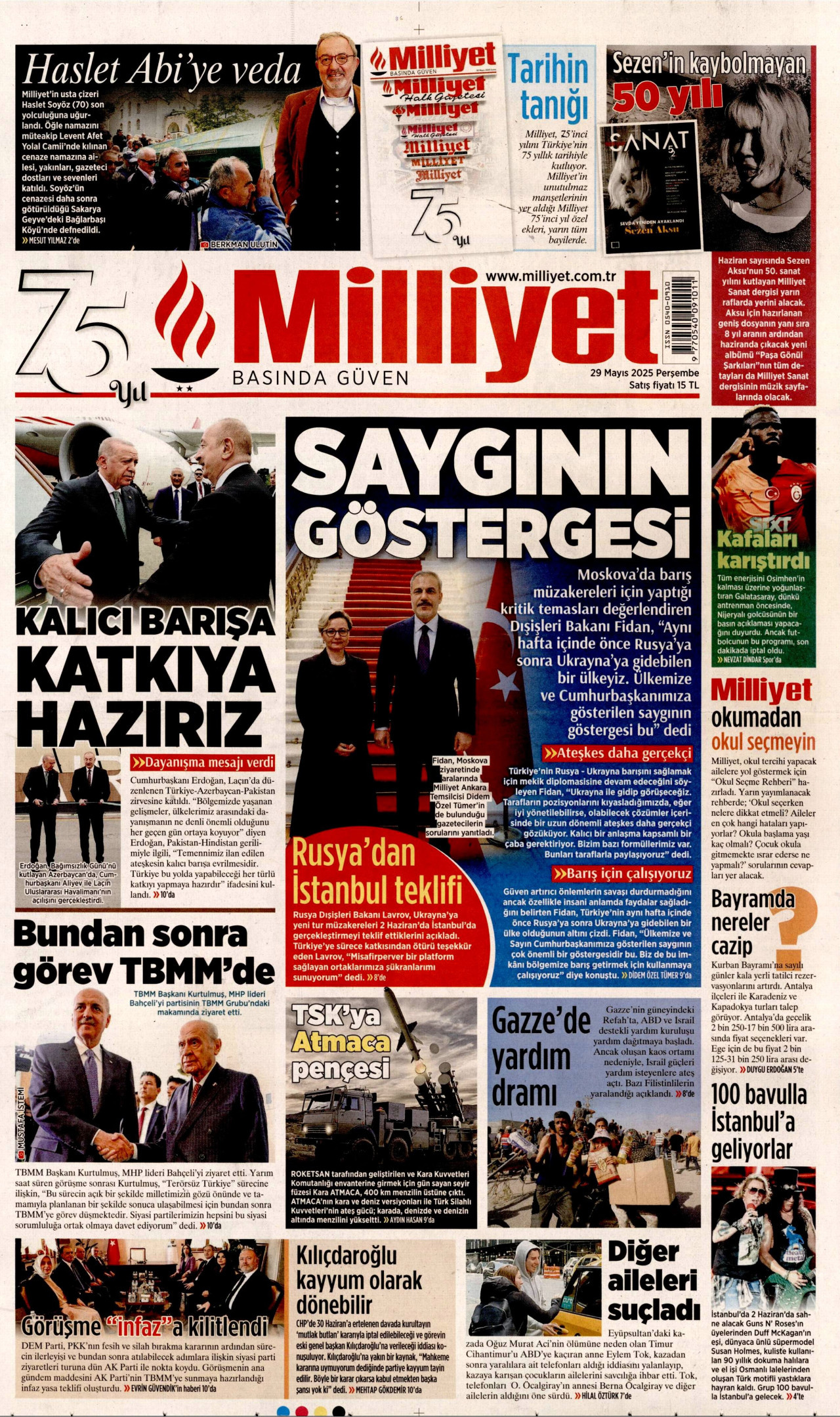 MİLLİYET gazetesinin 29 Mayıs 2025 tarihli birinci sayfası