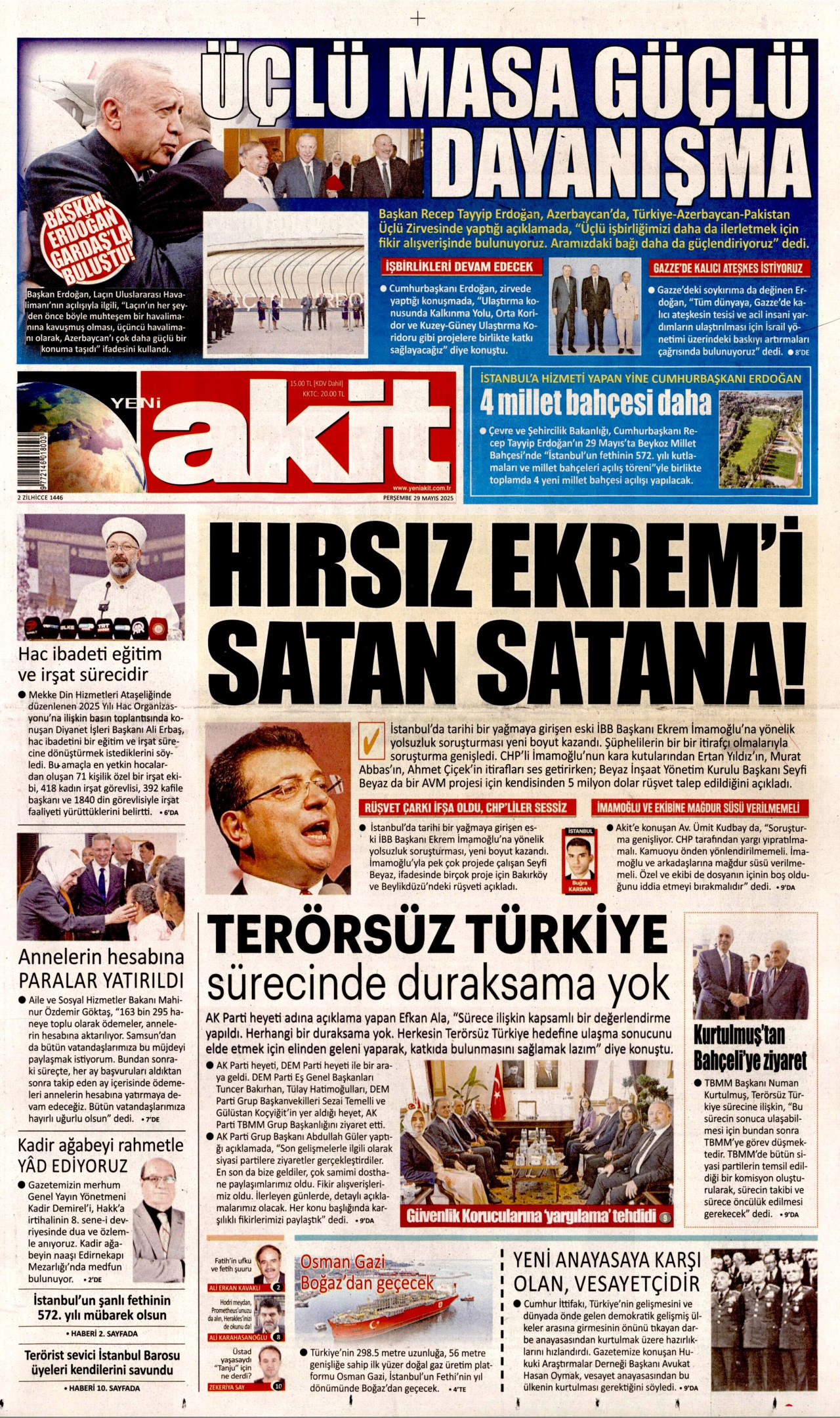 YENİ AKİT gazetesinin 29 Mayıs 2025 tarihli birinci sayfası