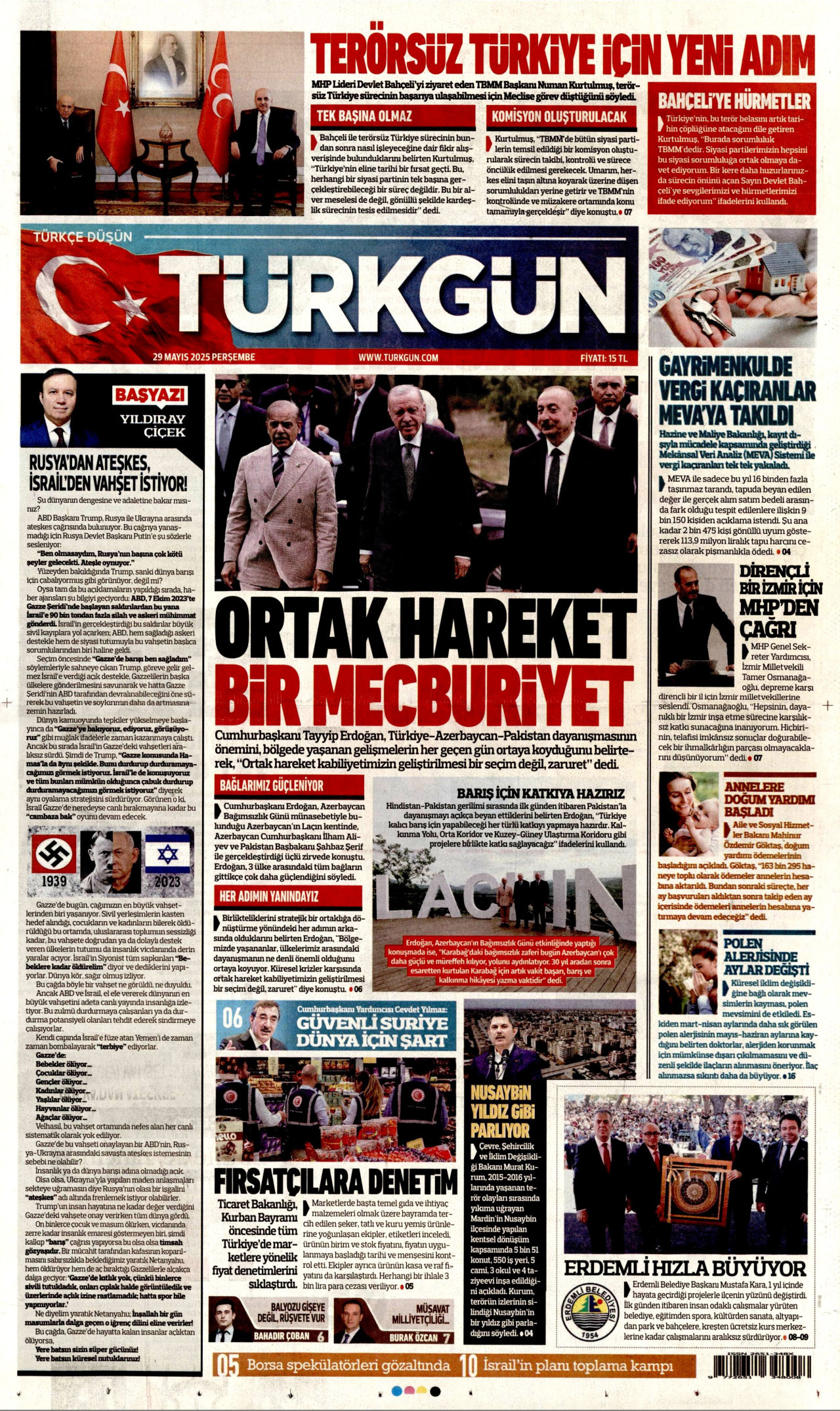 TÜRKGÜN gazetesinin 29 Mayıs 2025 tarihli birinci sayfası