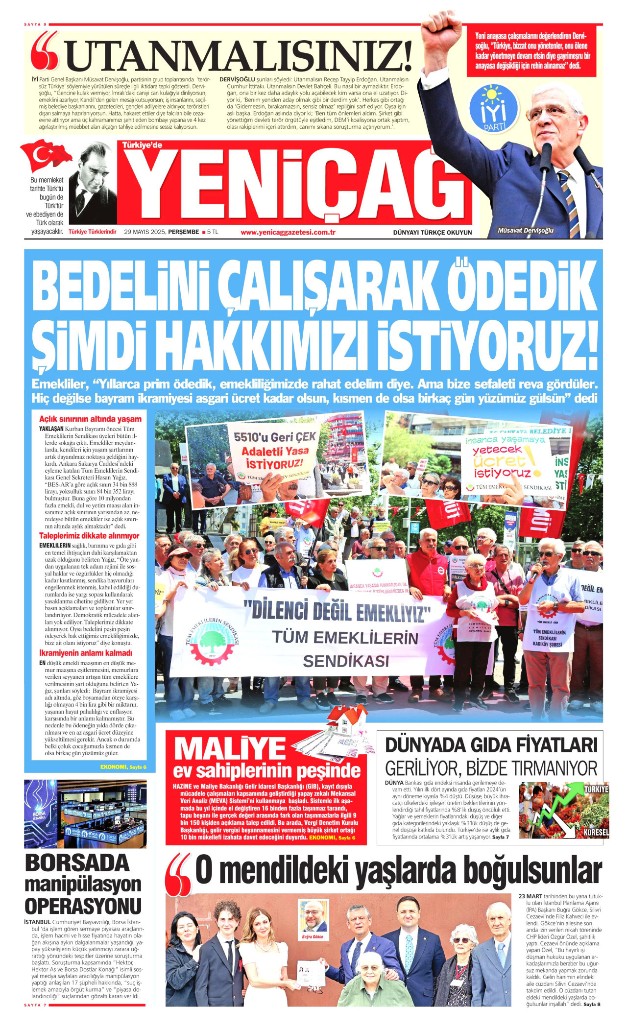 YENİÇAĞ gazetesinin 29 Mayıs 2025 tarihli birinci sayfası