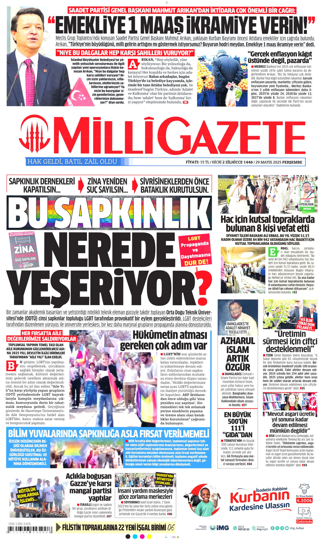 MİLLİ GAZETE gazetesinin 29 Mayıs 2025 tarihli birinci sayfası