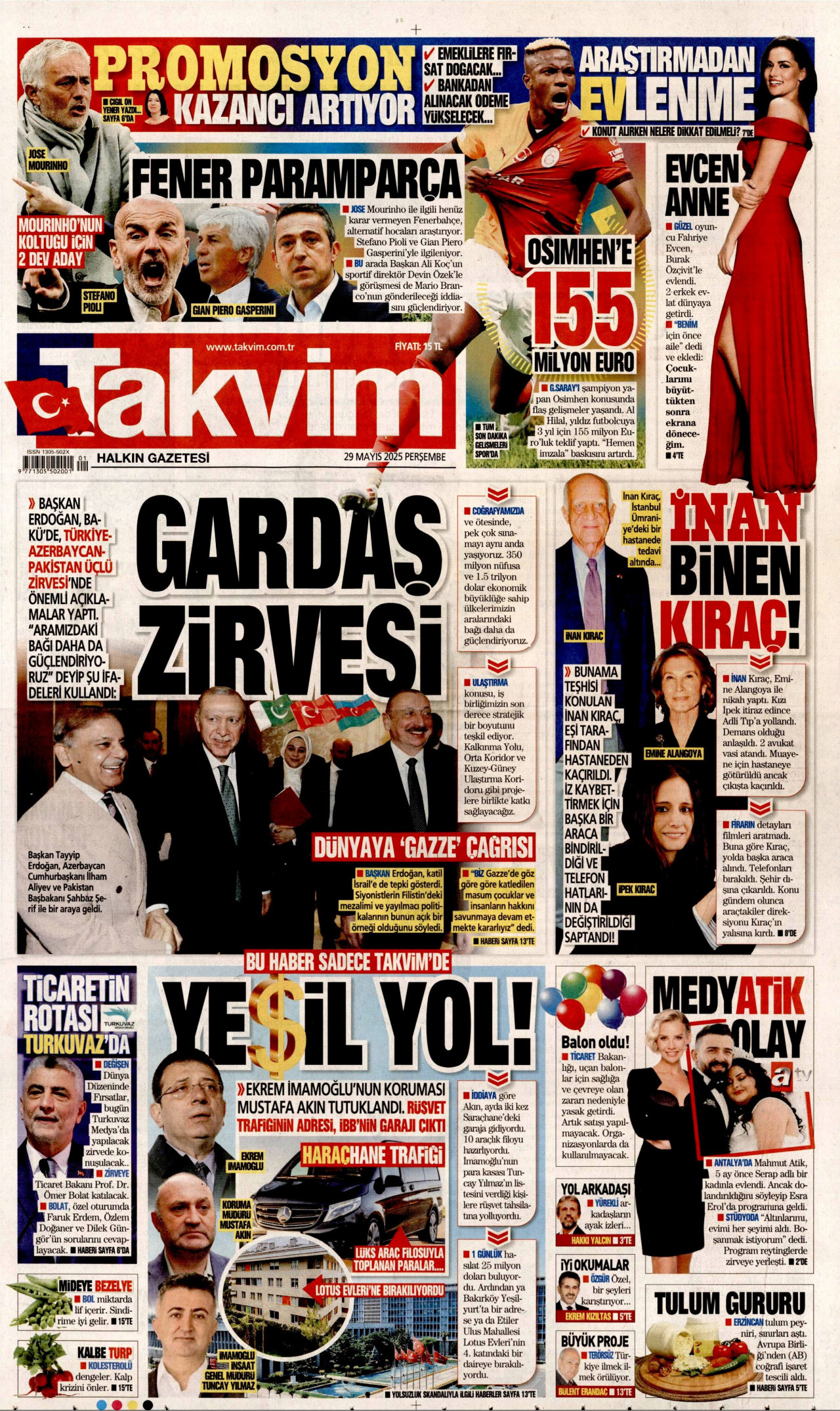 TAKVİM gazetesinin 29 Mayıs 2025 tarihli birinci sayfası