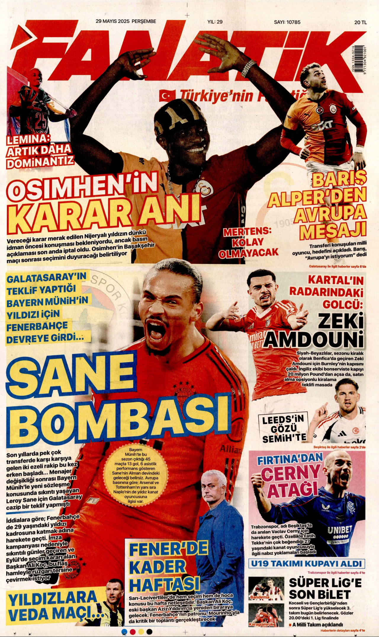 FANATİK gazetesinin 29 Mayıs 2025 tarihli birinci sayfası
