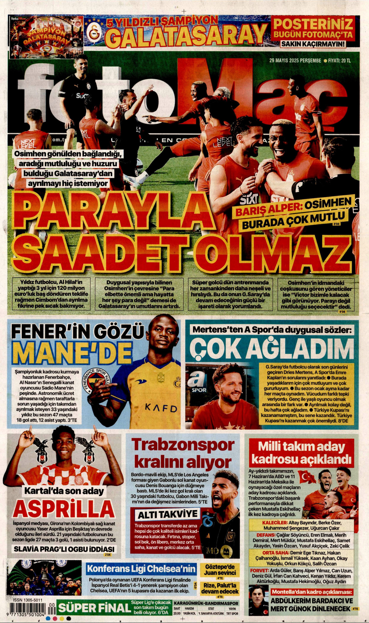 FOTOMAÇ gazetesinin 29 Mayıs 2025 tarihli birinci sayfası