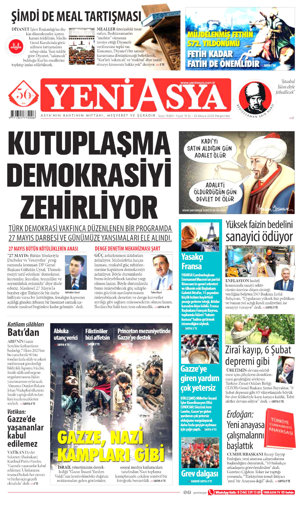 YENİ ASYA gazetesinin 29 Mayıs 2025 tarihli birinci sayfası