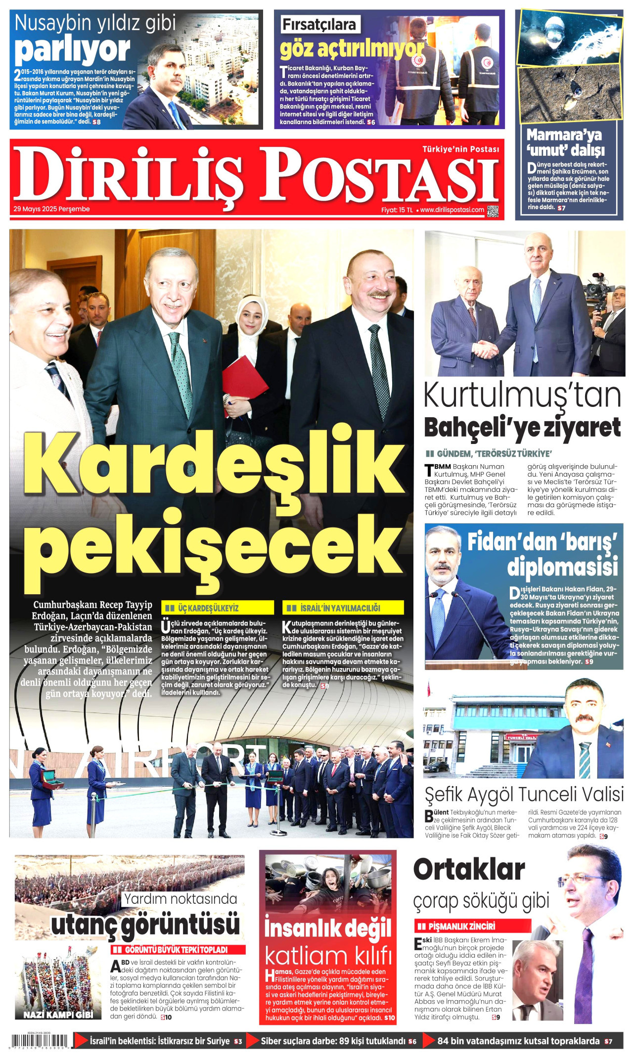 DİRİLİŞ POSTASI gazetesinin 29 Mayıs 2025 tarihli birinci sayfası
