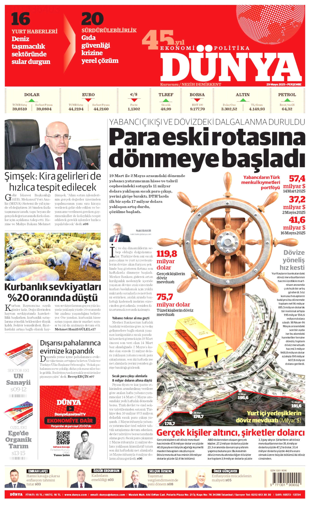 DÜNYA gazetesinin 29 Mayıs 2025 tarihli birinci sayfası