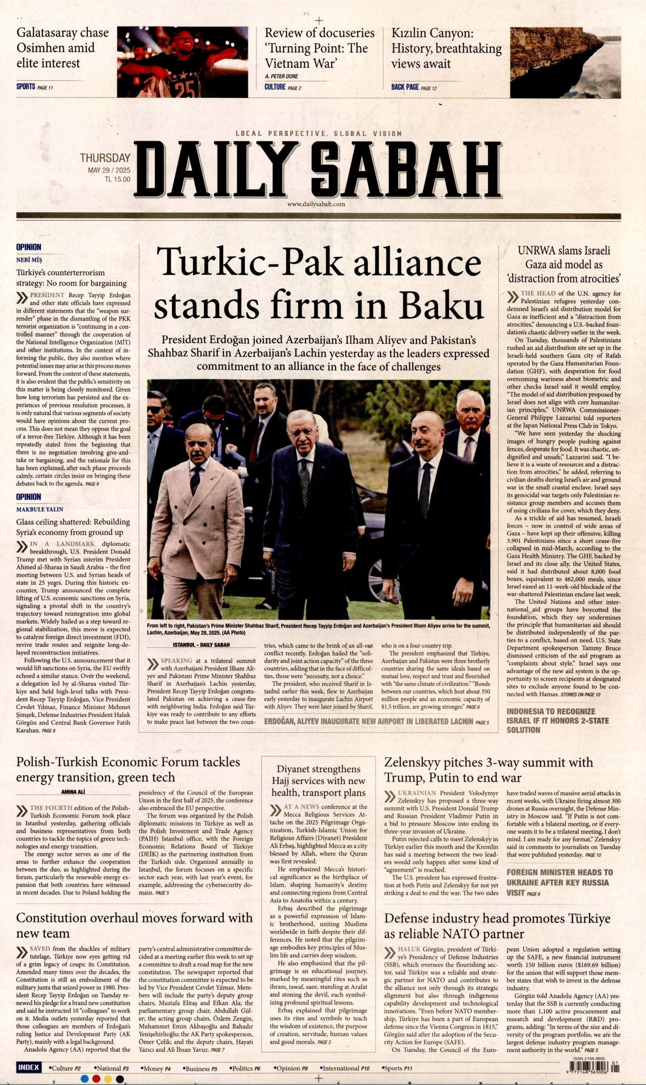 DAİLY SABAH gazetesinin 29 Mayıs 2025 tarihli birinci sayfası