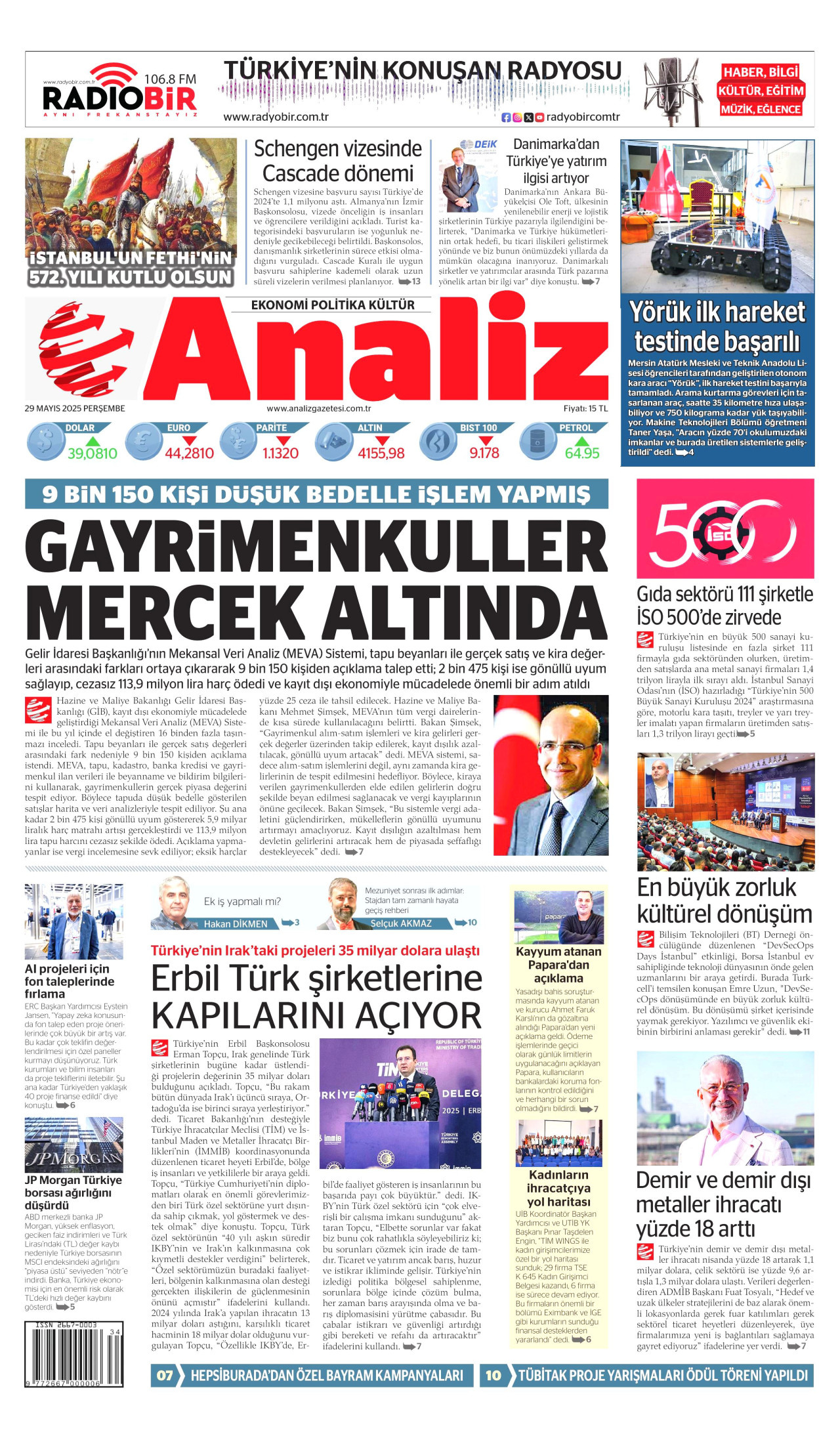 ANALİZ gazetesinin 29 Mayıs 2025 tarihli birinci sayfası