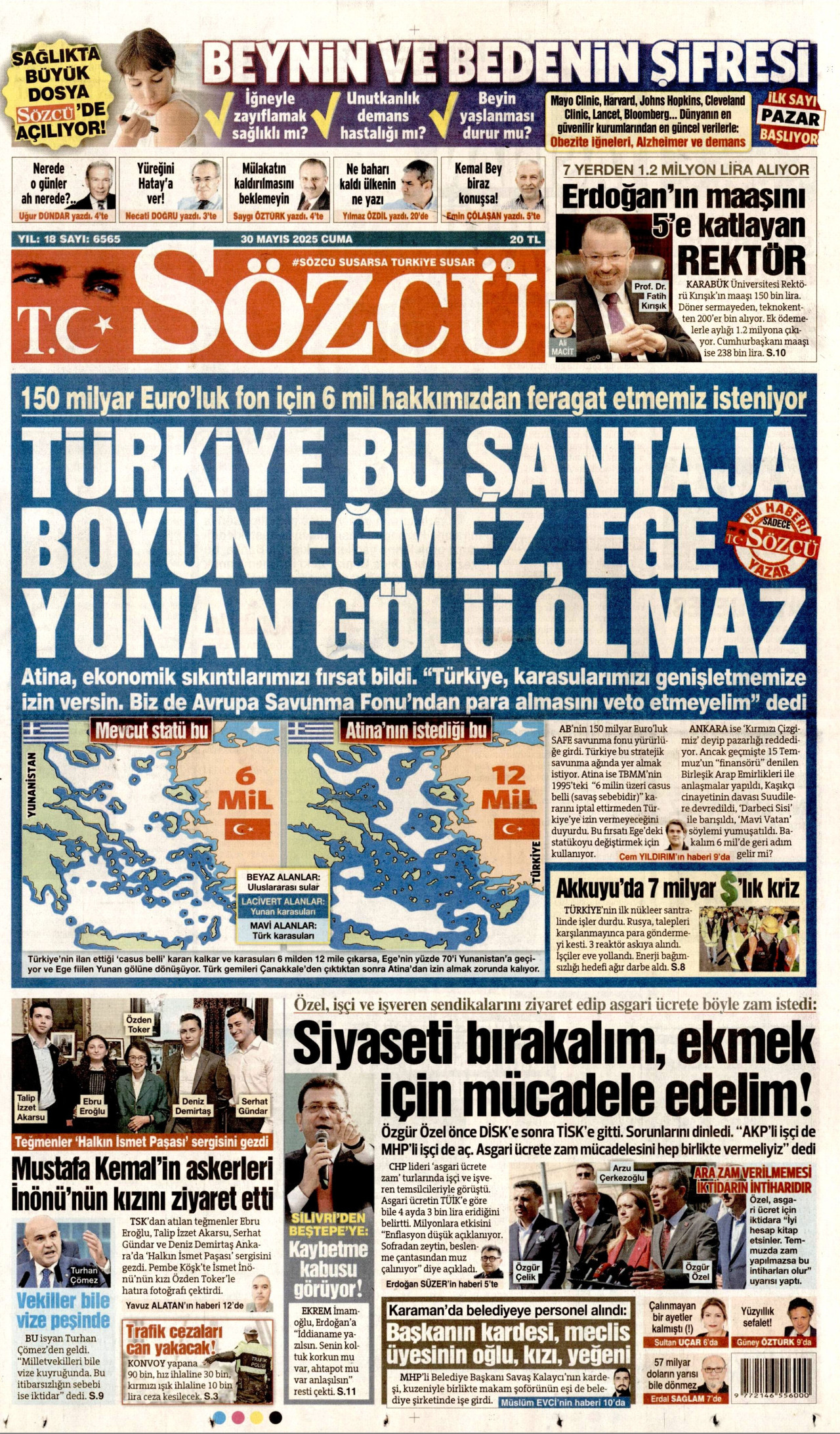 SÖZCÜ gazetesinin 30 Mayıs 2025 tarihli birinci sayfası