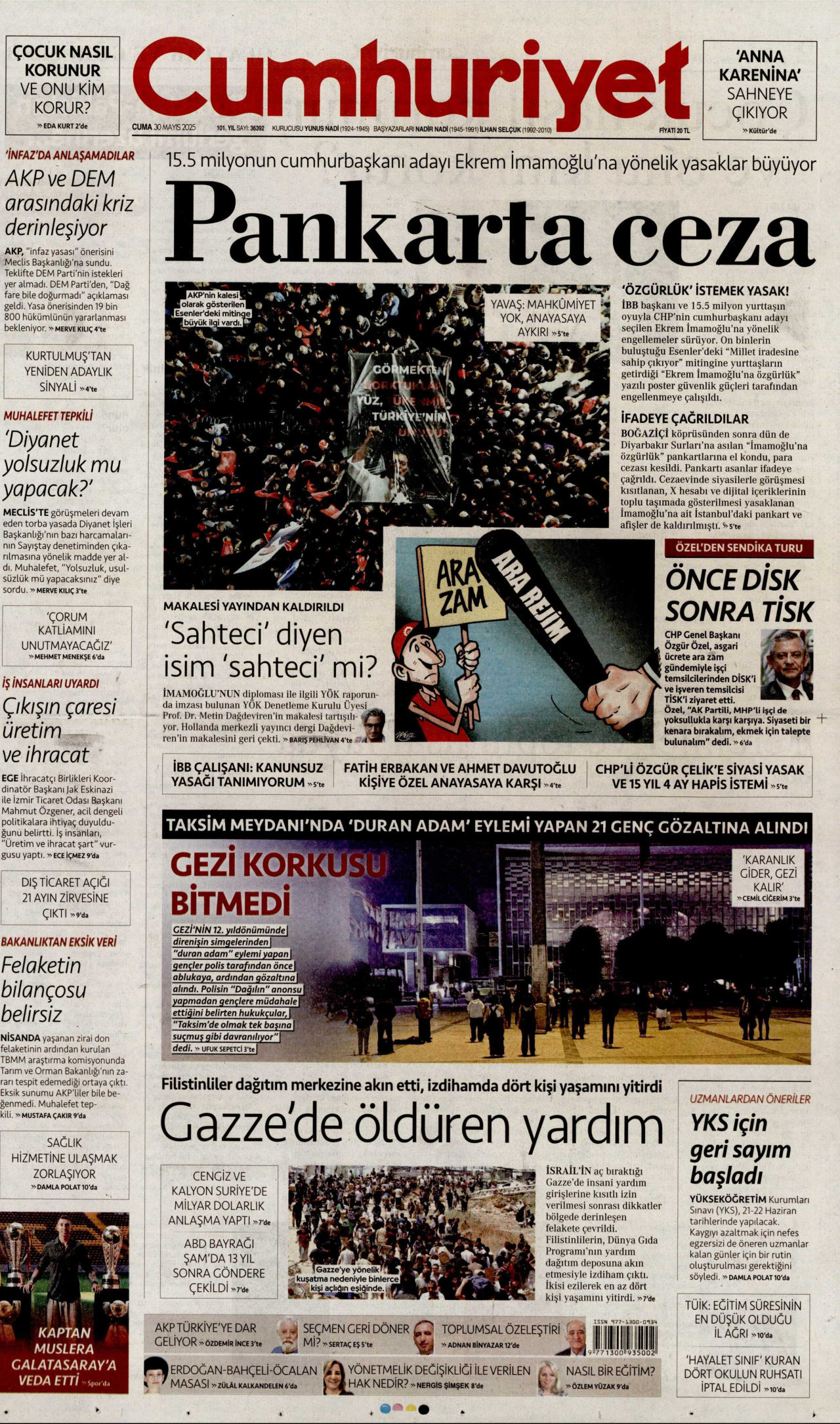CUMHURİYET gazetesinin 30 Mayıs 2025 tarihli birinci sayfası