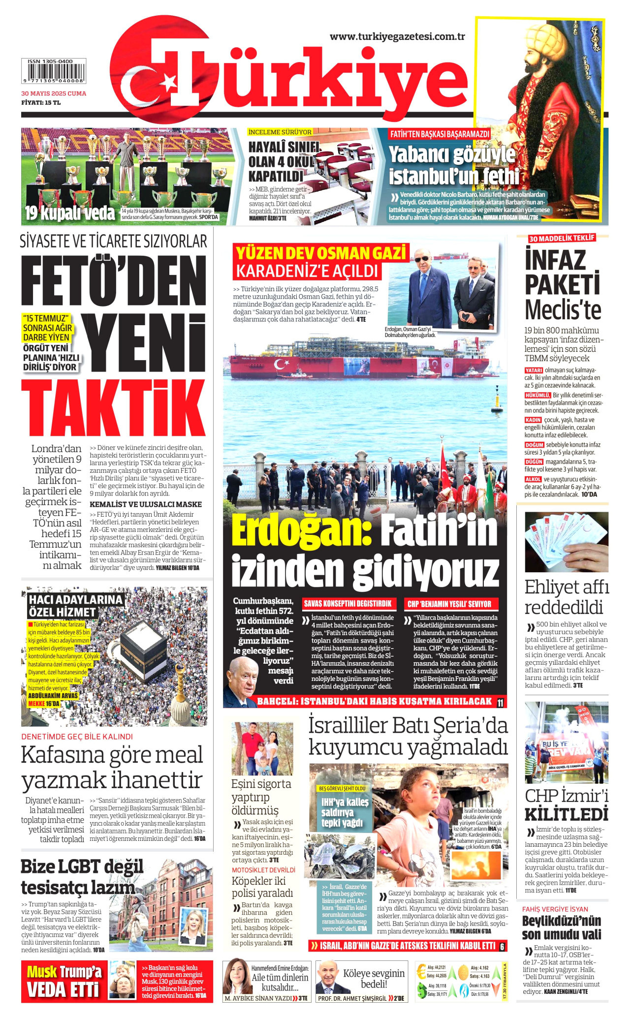 TÜRKİYE GAZETESİ gazetesinin 30 Mayıs 2025 tarihli birinci sayfası