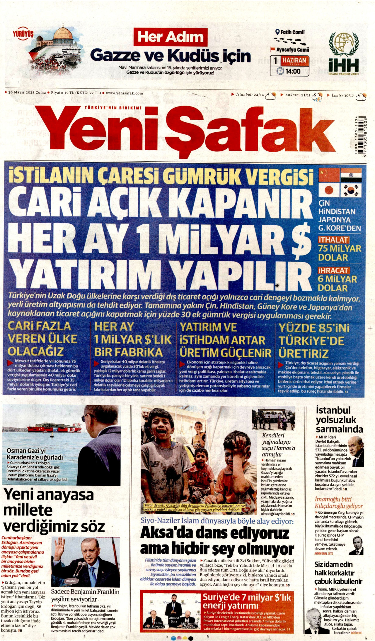 YENİ ŞAFAK gazetesinin 30 Mayıs 2025 tarihli birinci sayfası