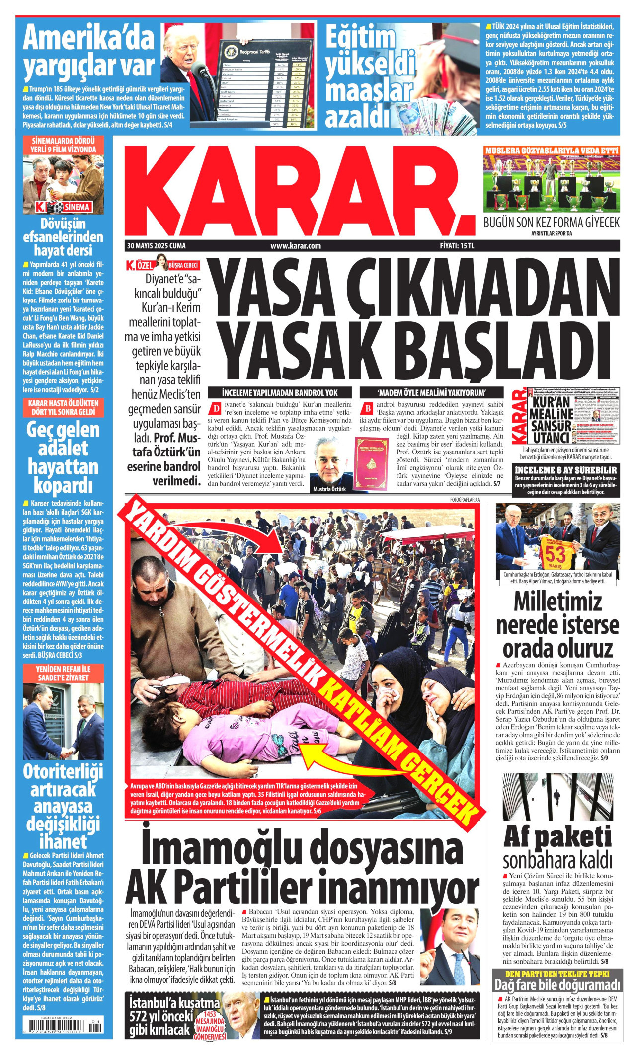 KARAR gazetesinin 30 Mayıs 2025 tarihli birinci sayfası