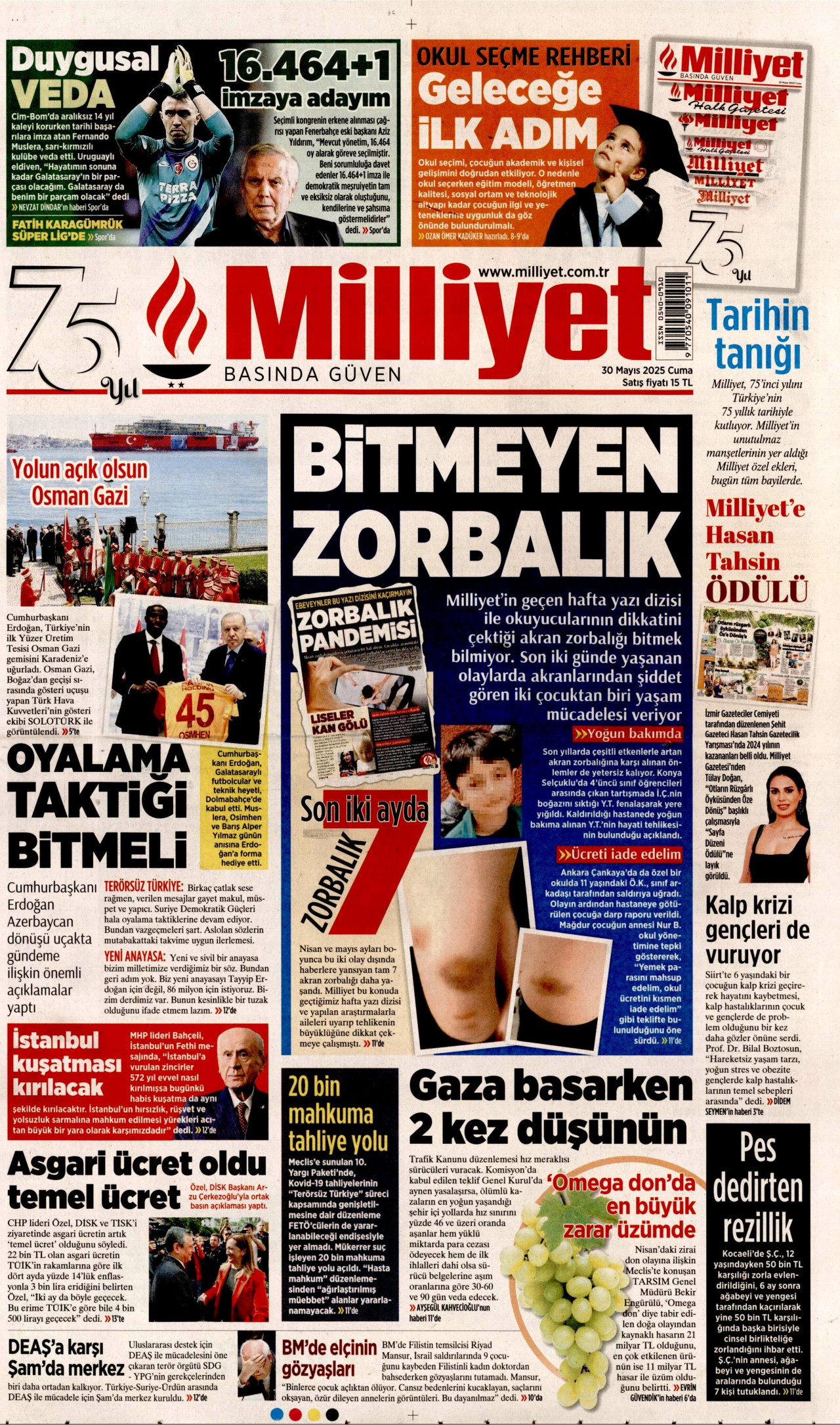 MİLLİYET gazetesinin 30 Mayıs 2025 tarihli birinci sayfası