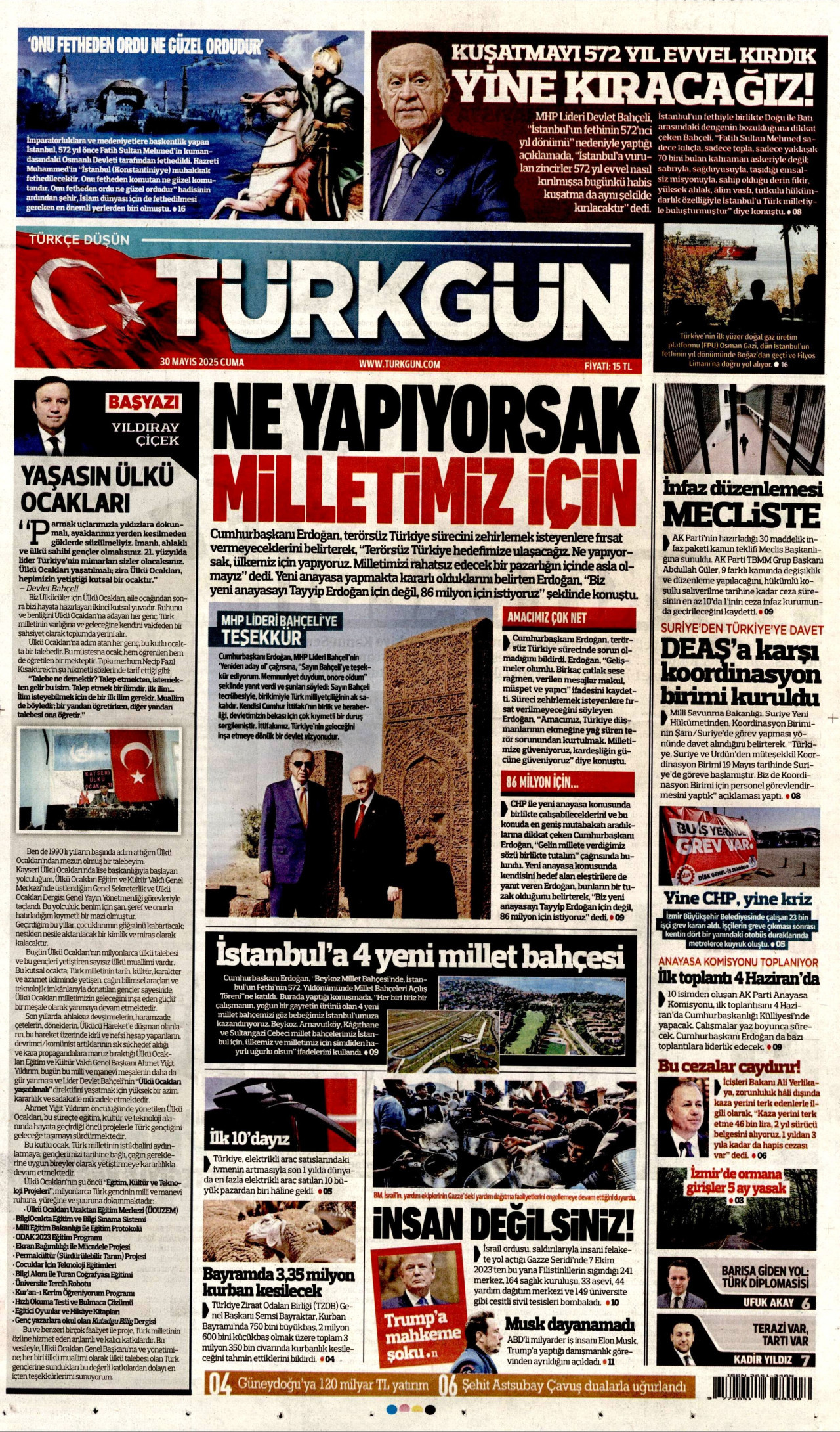 TÜRKGÜN gazetesinin 30 Mayıs 2025 tarihli birinci sayfası