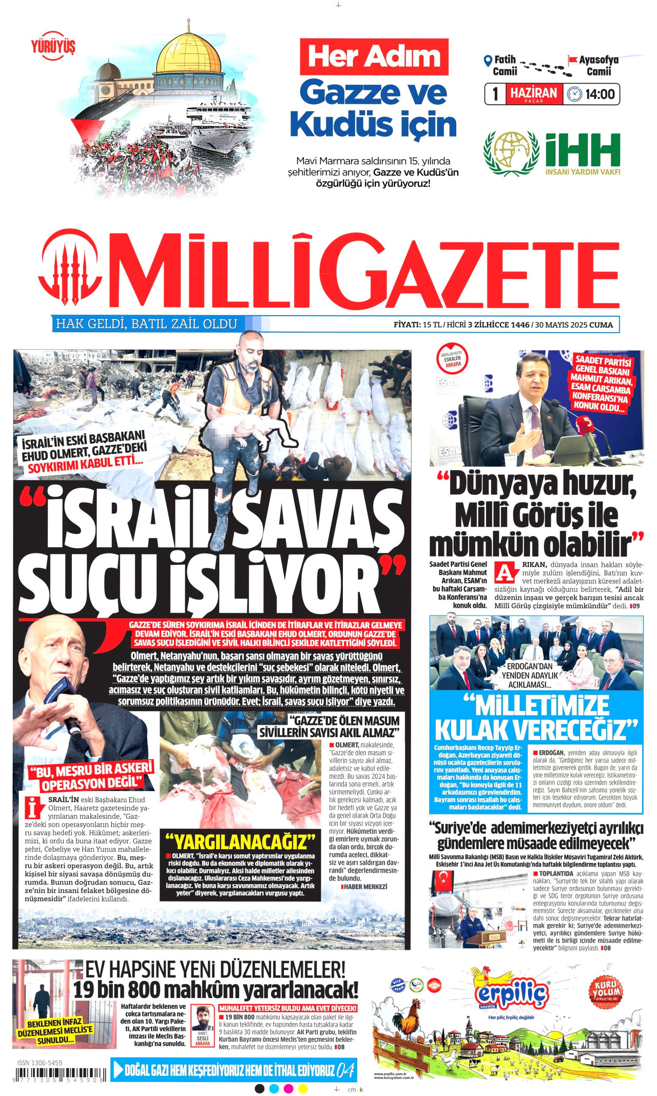 MİLLİ GAZETE gazetesinin 30 Mayıs 2025 tarihli birinci sayfası