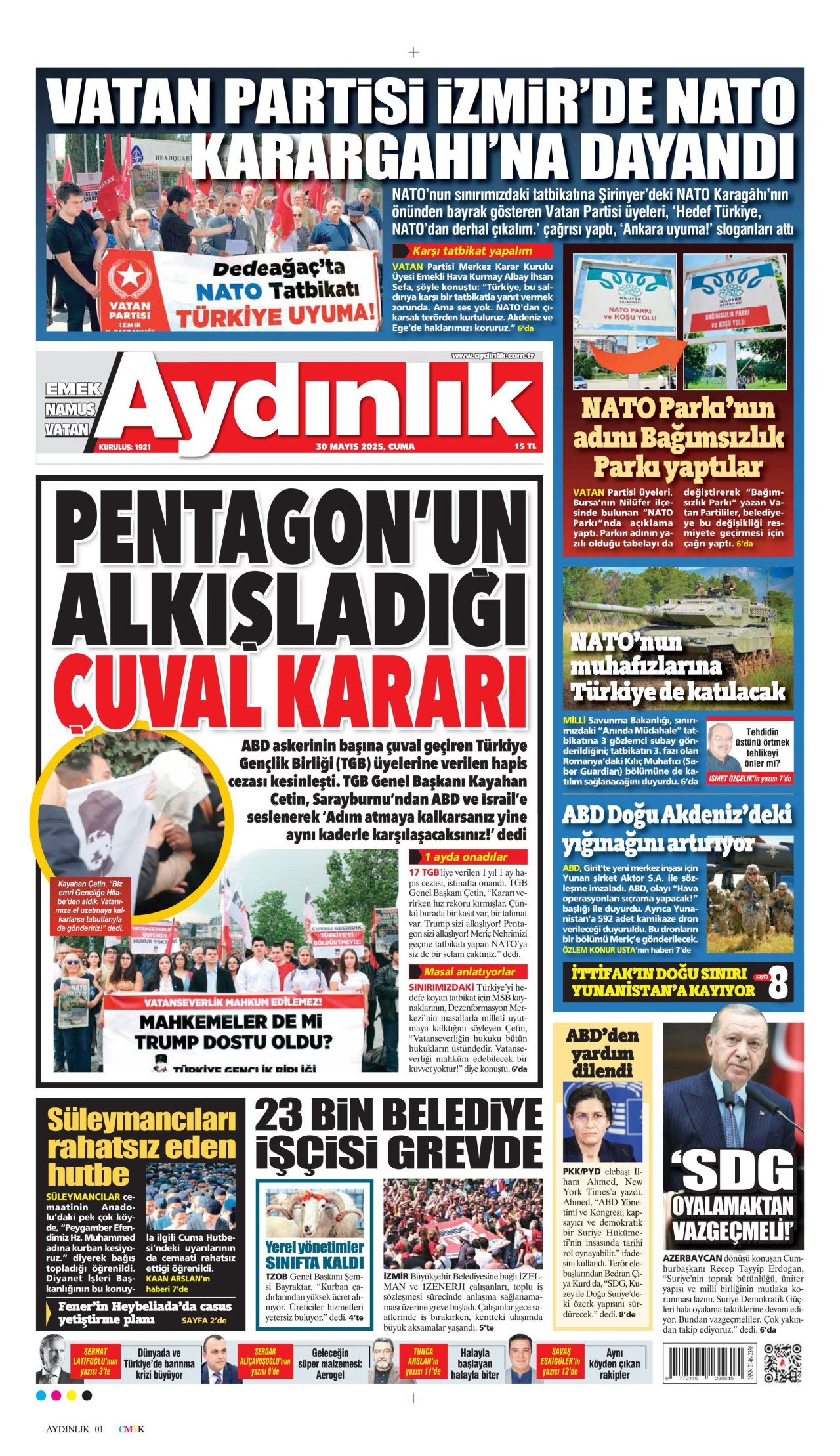 AYDINLIK GAZETESİ gazetesinin 30 Mayıs 2025 tarihli birinci sayfası