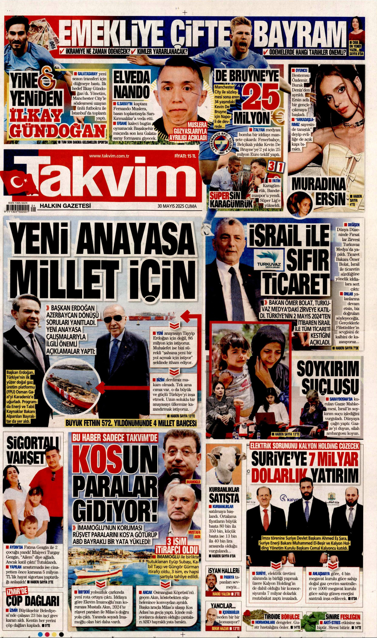 TAKVİM gazetesinin 30 Mayıs 2025 tarihli birinci sayfası