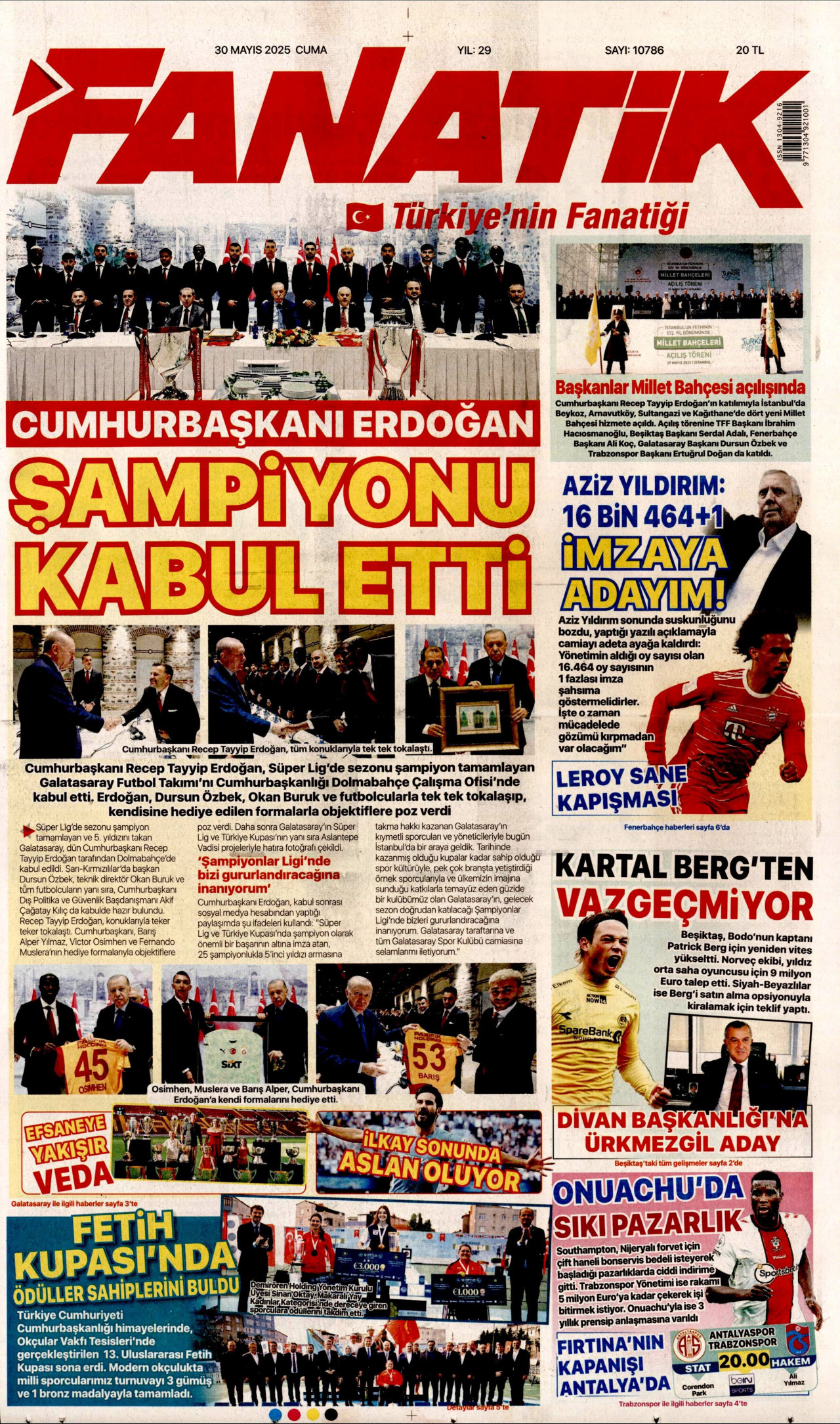 FANATİK gazetesinin 30 Mayıs 2025 tarihli birinci sayfası