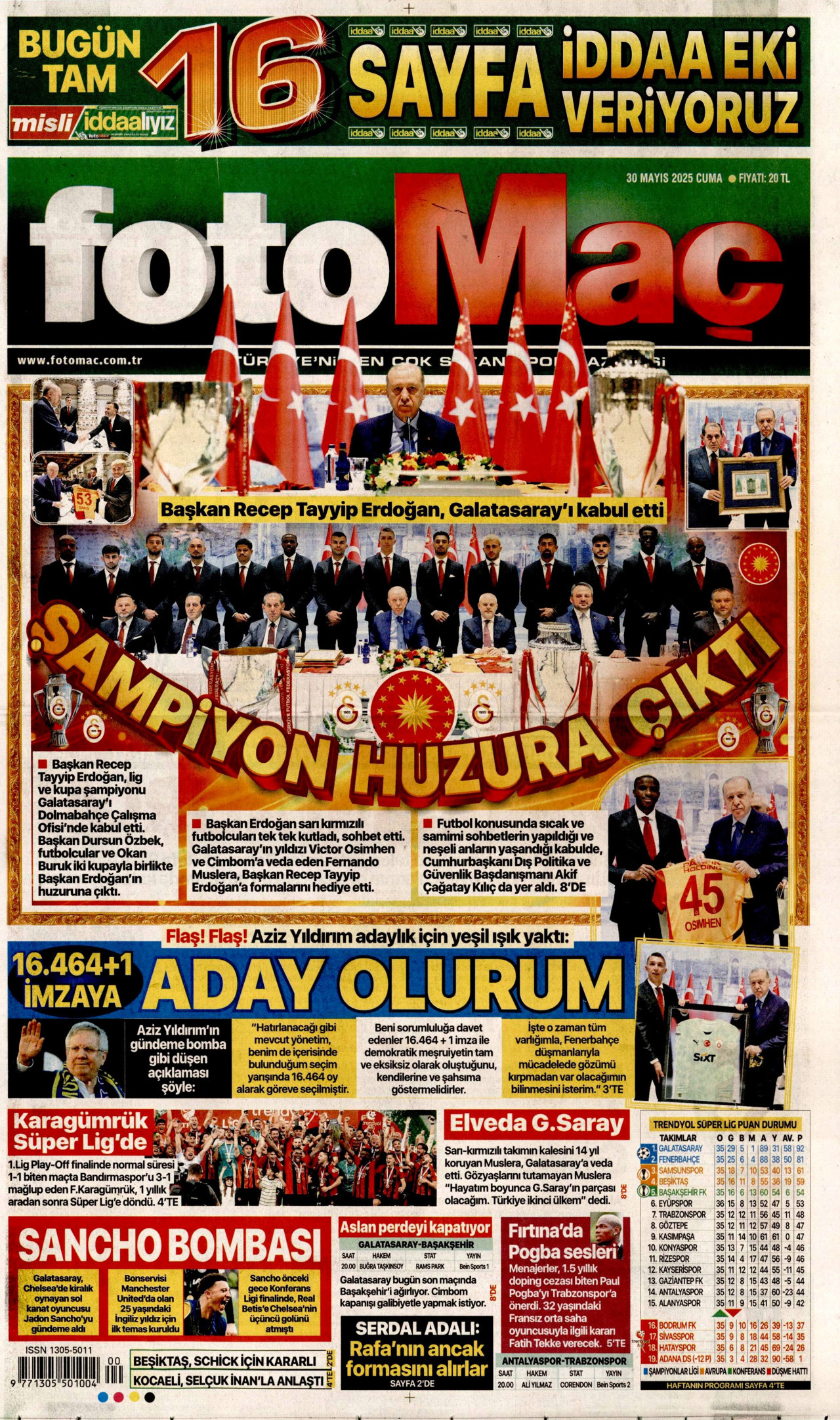 FOTOMAÇ gazetesinin 30 Mayıs 2025 tarihli birinci sayfası