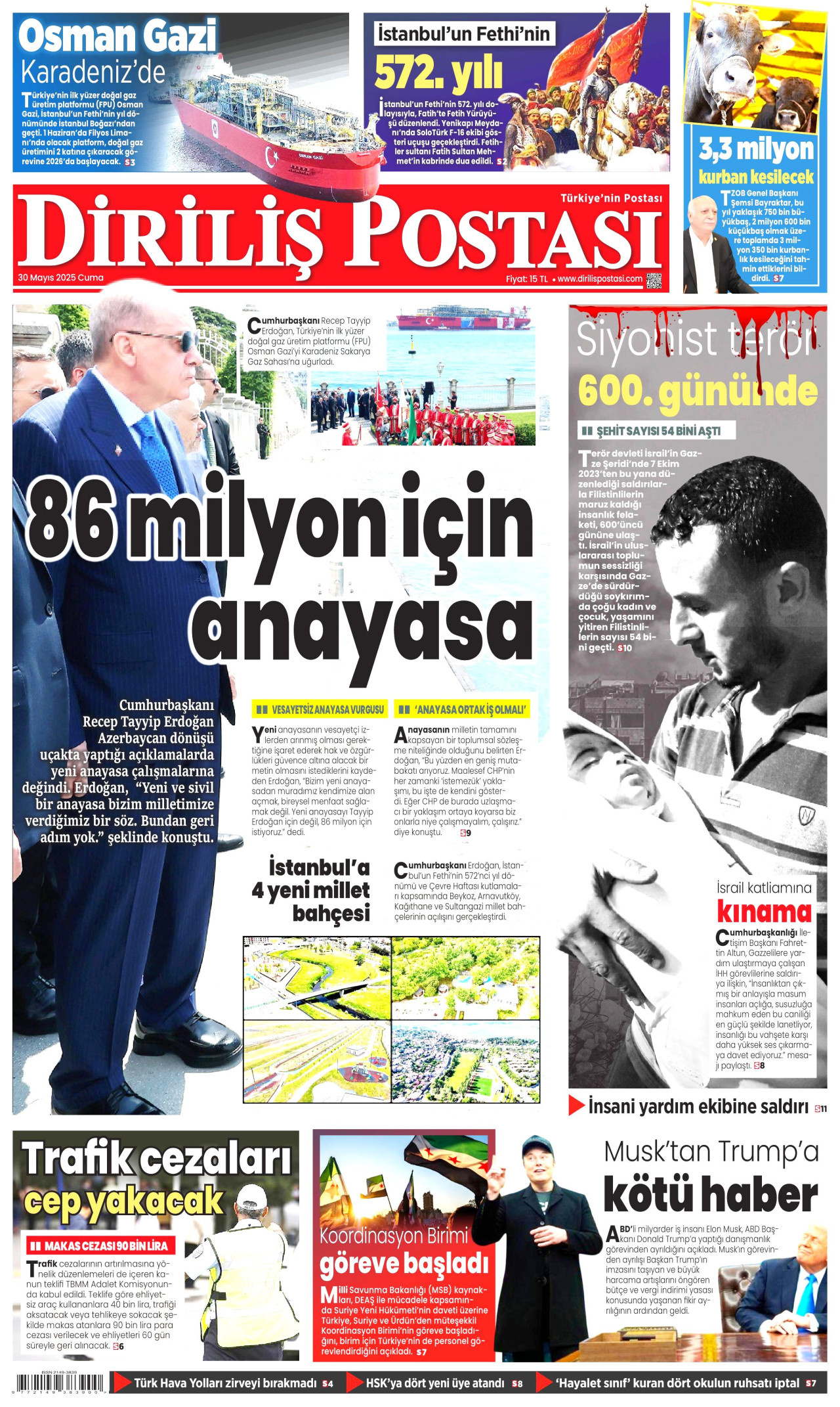 DİRİLİŞ POSTASI gazetesinin 30 Mayıs 2025 tarihli birinci sayfası