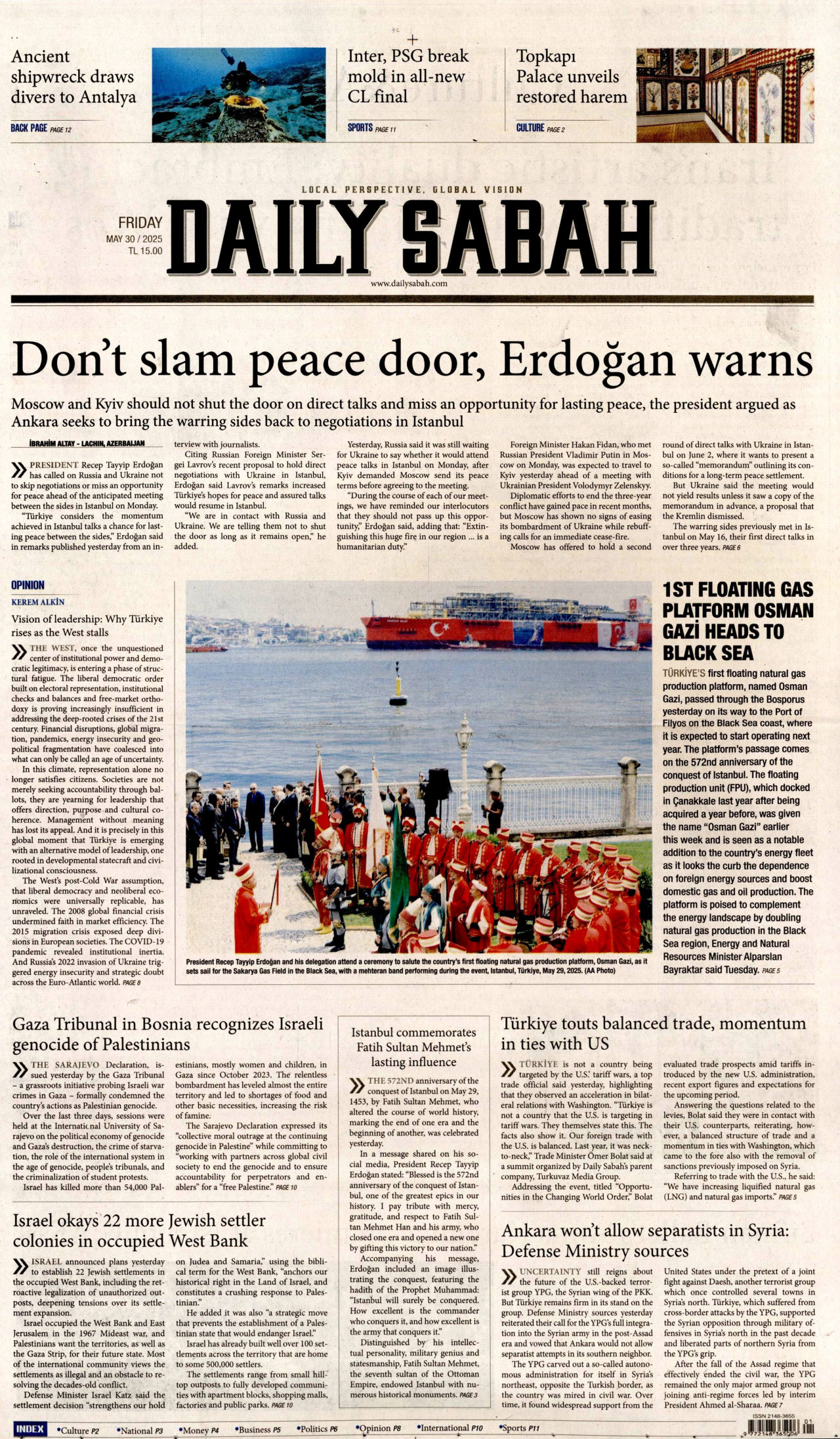 DAİLY SABAH gazetesinin 30 Mayıs 2025 tarihli birinci sayfası