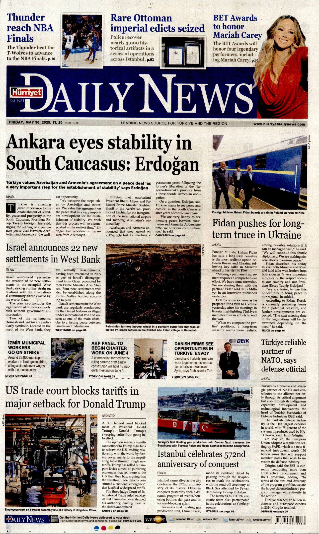 HÜRRİYET DAİLY NEWS gazetesinin 30 Mayıs 2025 tarihli birinci sayfası