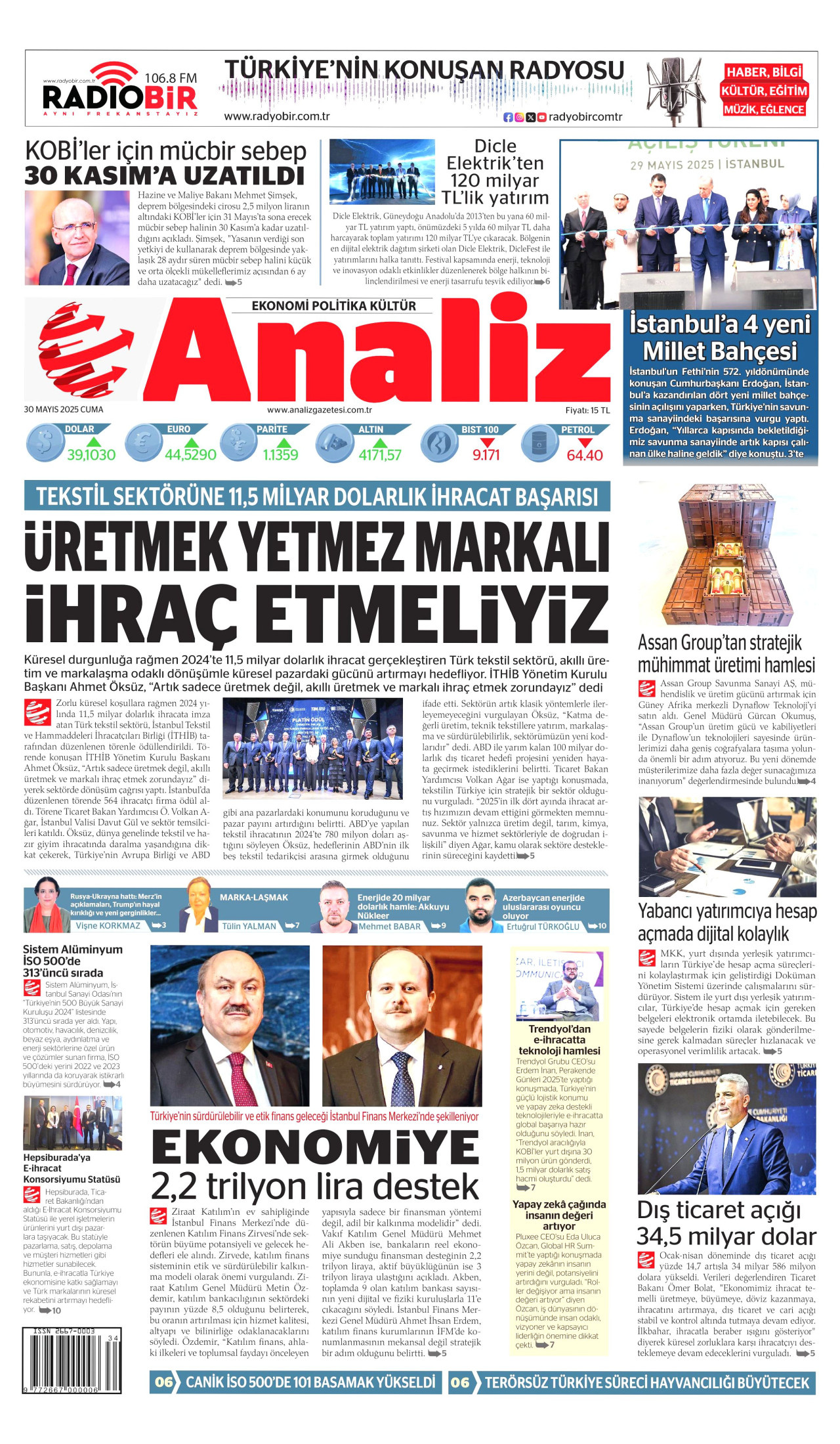 ANALİZ gazetesinin 30 Mayıs 2025 tarihli birinci sayfası