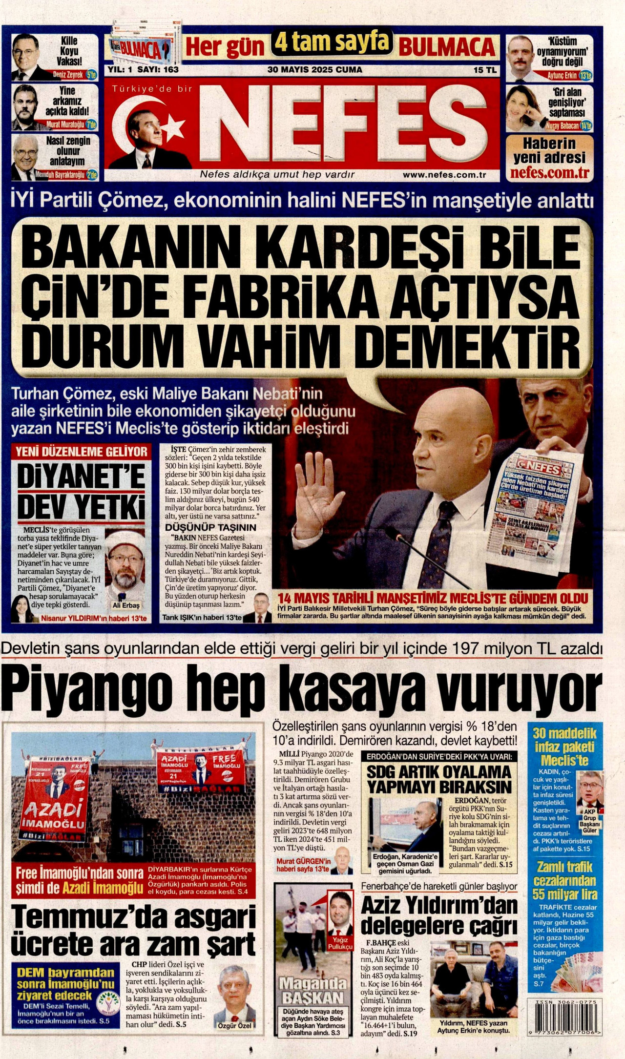 NEFES gazetesinin 30 Mayıs 2025 tarihli birinci sayfası