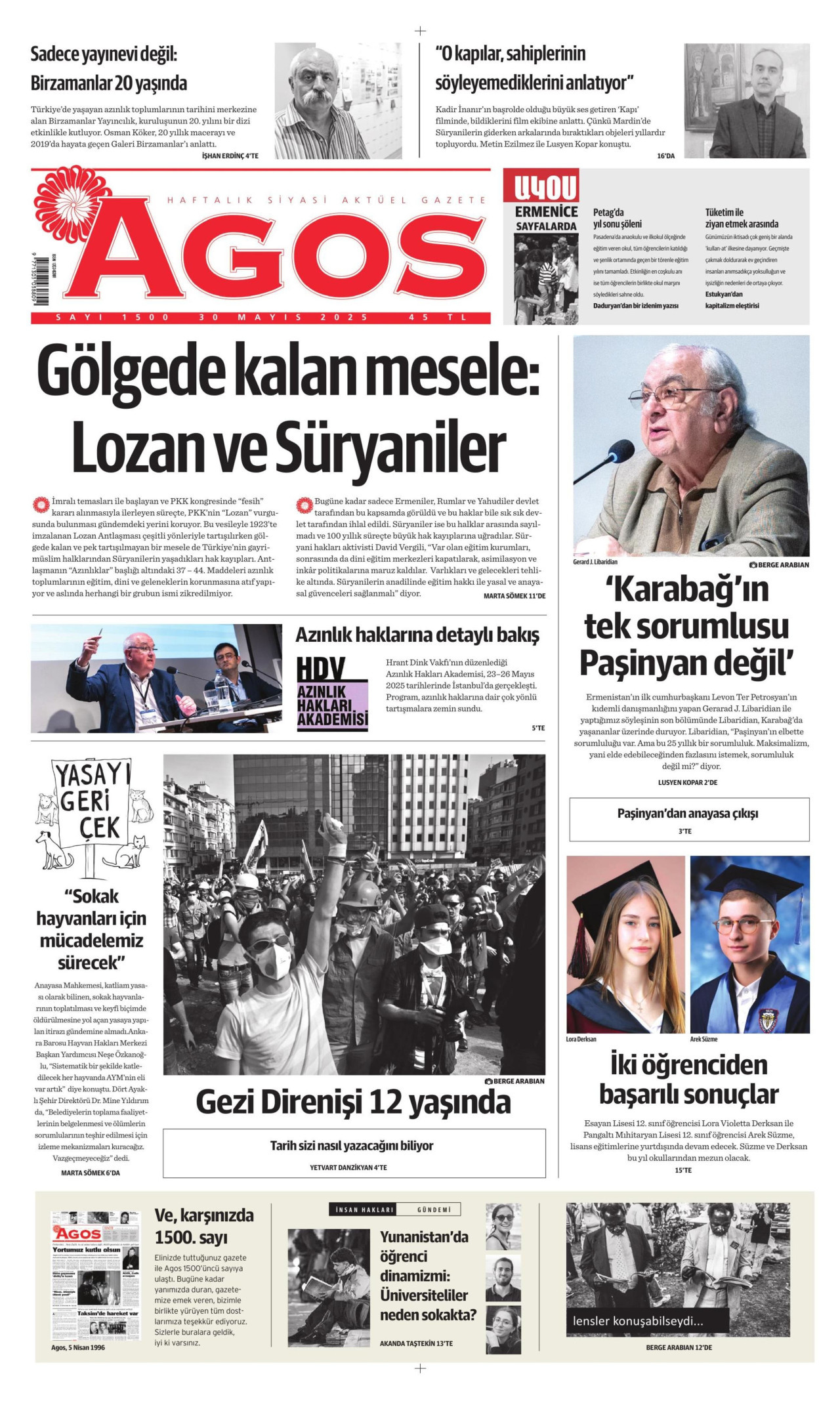 AGOS gazetesinin 30 Mayıs 2025 tarihli birinci sayfası