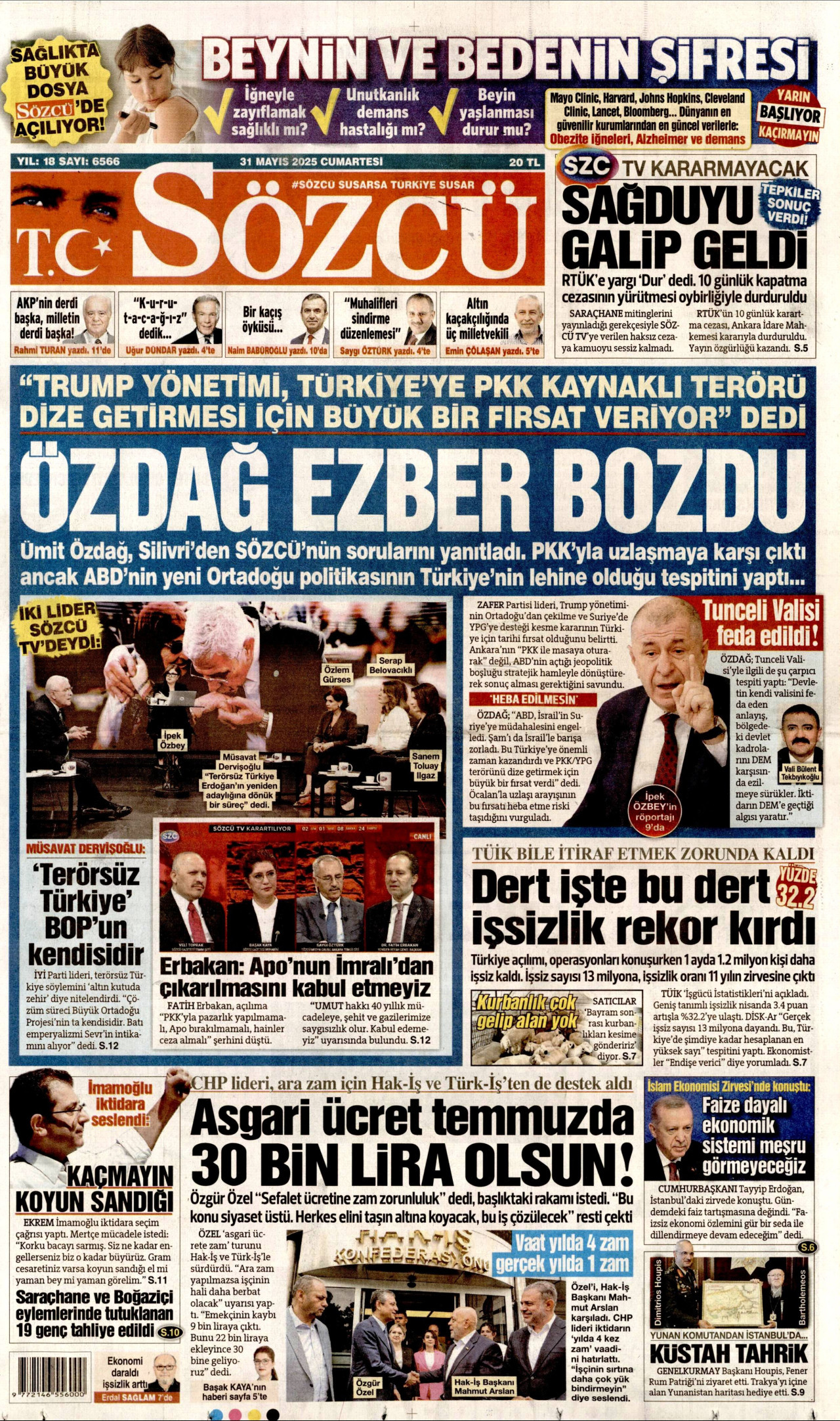 SÖZCÜ gazetesinin 31 Mayıs 2025 tarihli birinci sayfası